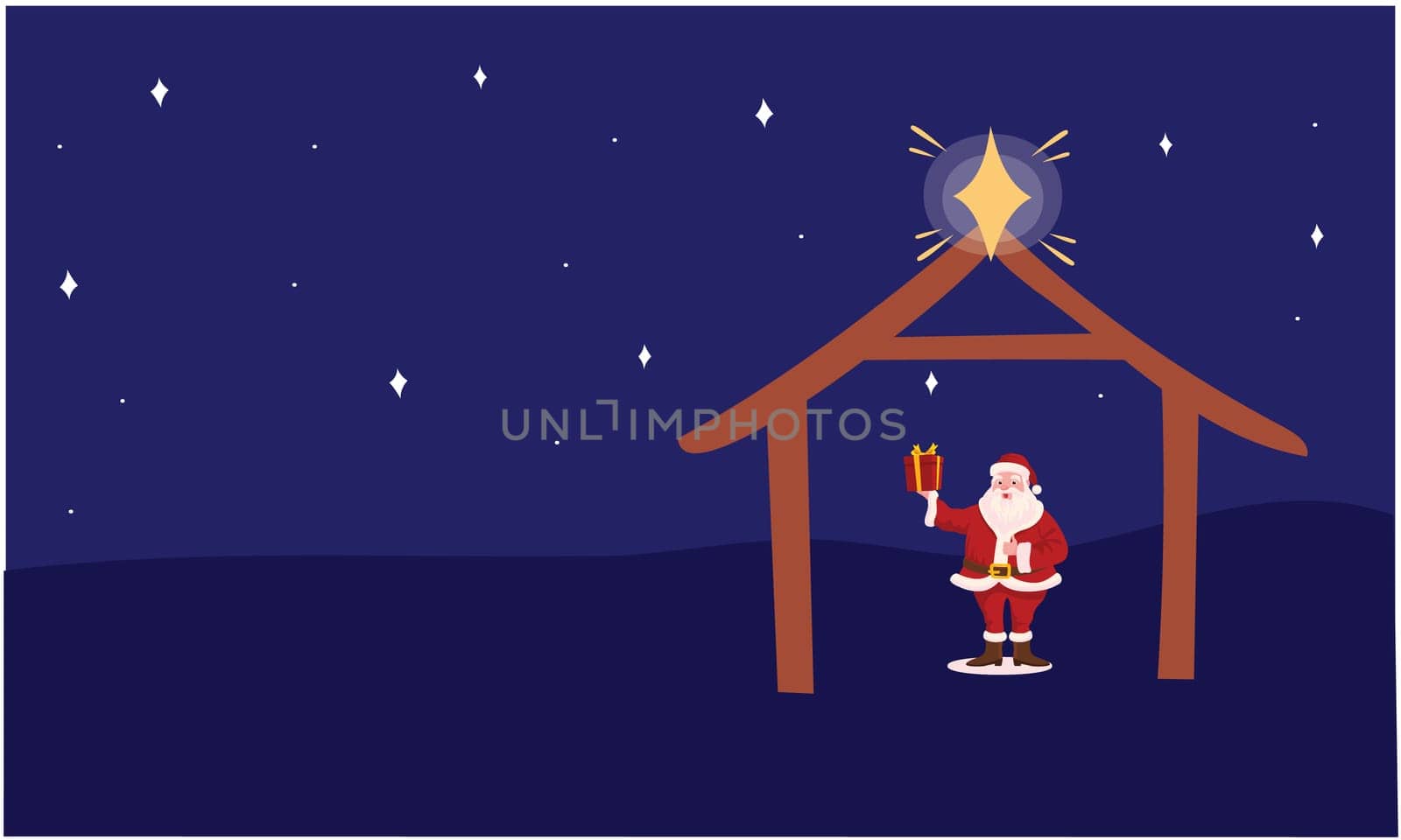 Santa Claus is standing with gift in the moon night