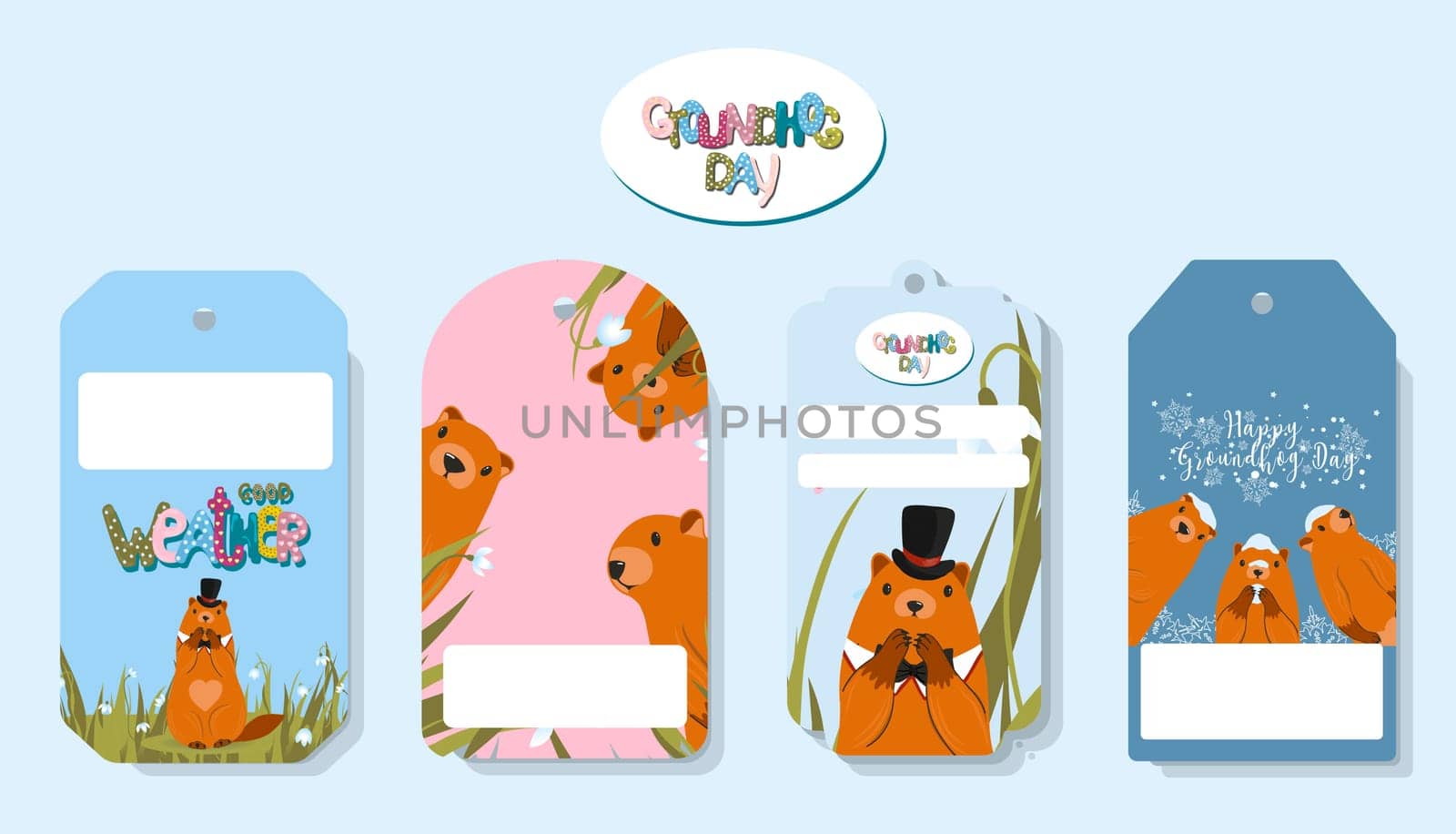 Happy Groundhog Day. Set of marmots tags. Text lettering for greeting card. Vector cartoon illustration. Cute stickers or tags or banner of marmot day as funny marmot cartoon. February 2.