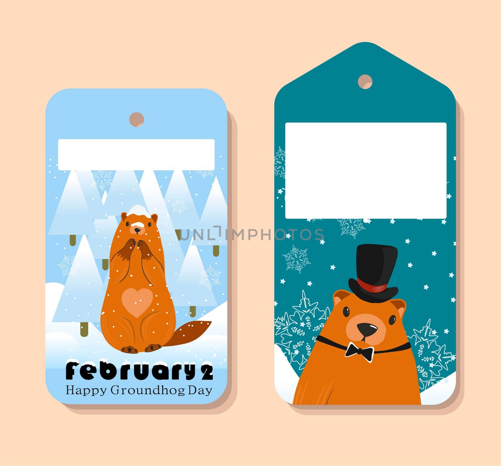 Happy Groundhog Day. Set of marmots tags. Text lettering for greeting card. Vector cartoon illustration. Cute stickers or tags or banner of marmot day as funny marmot cartoon. February 2.