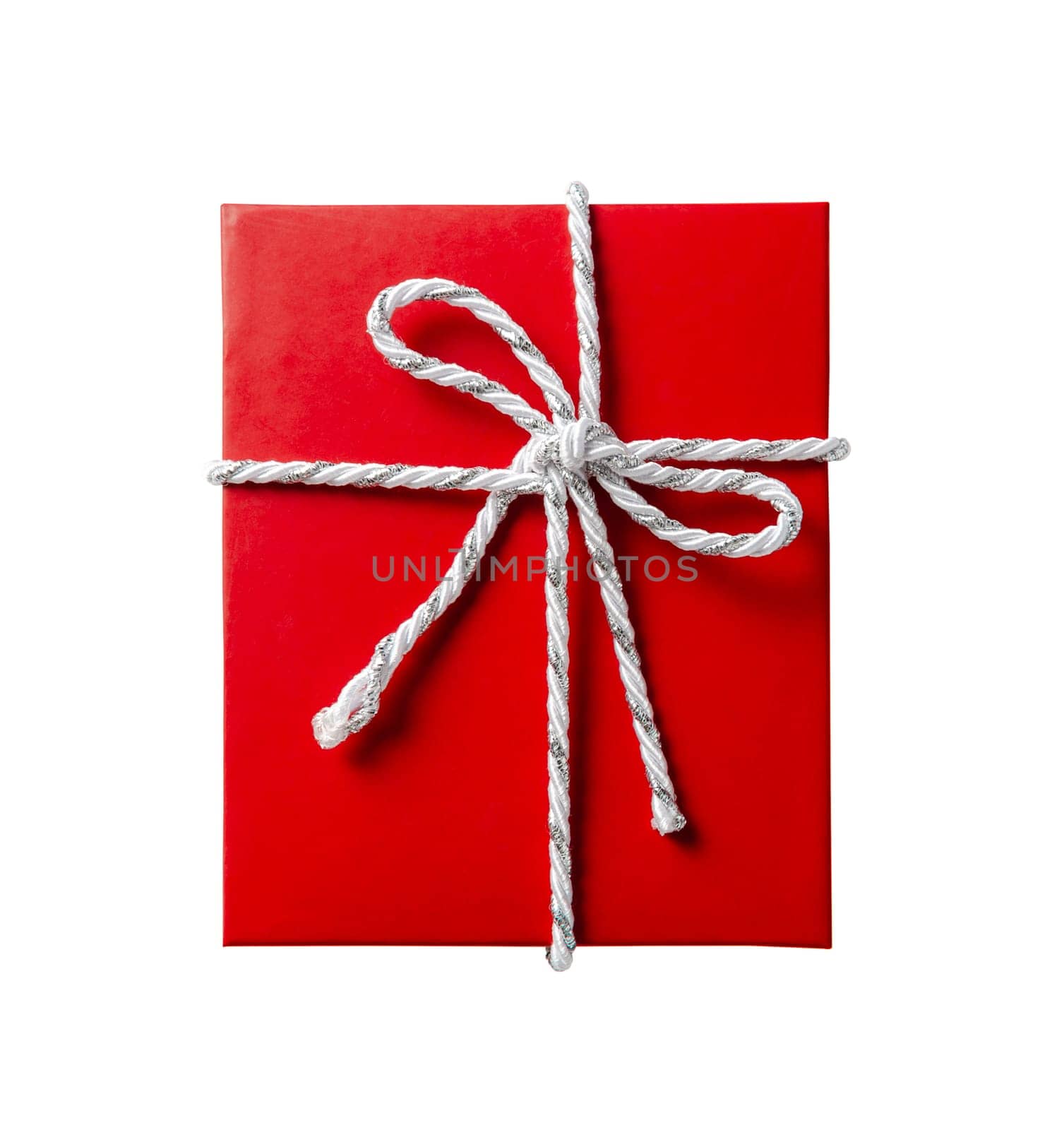 Red gift box with white and silver cord rope ribbon isolated on white background, top view.