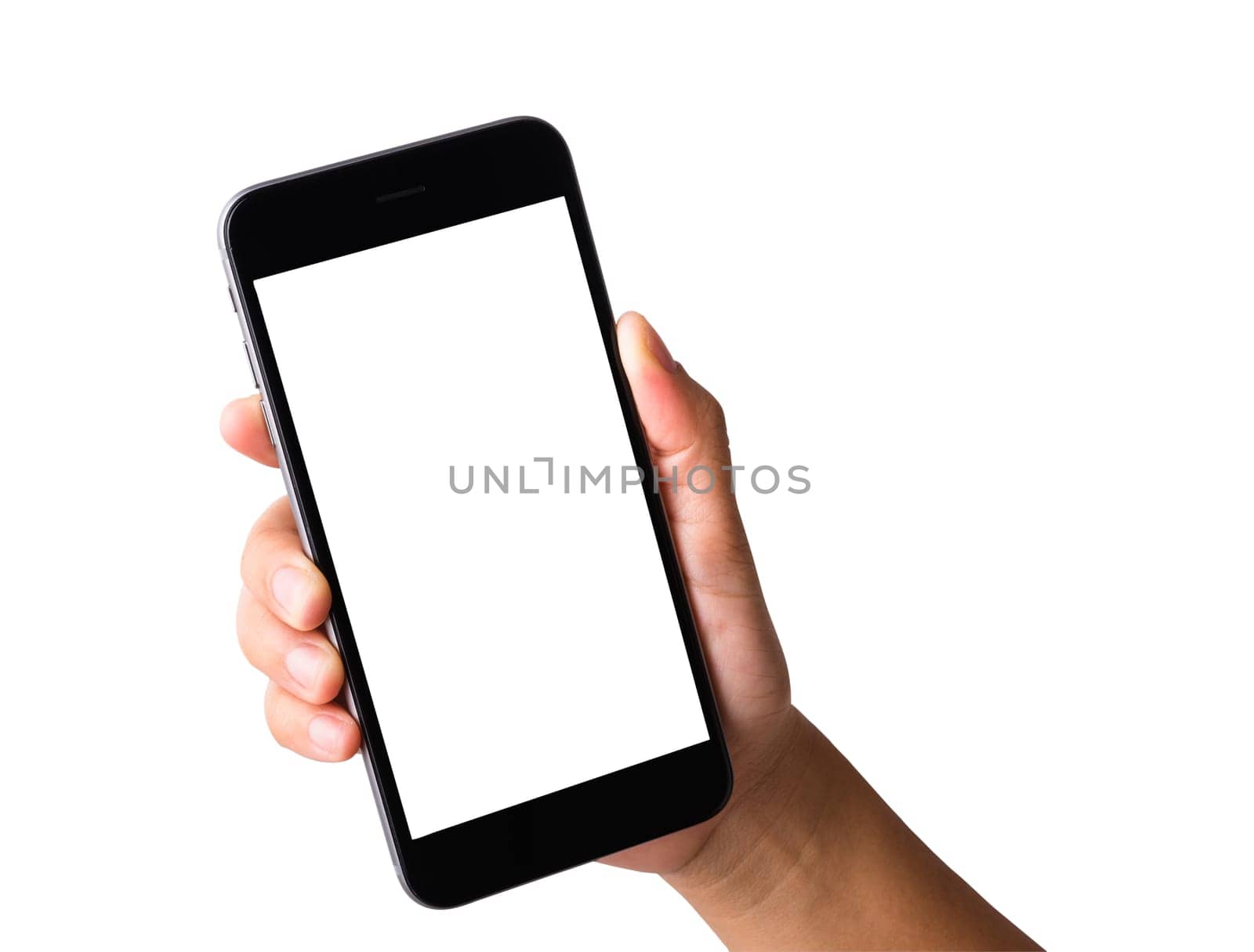 Woman hand holding a smartphone blank white screen. Female holds the modern mobile phone on hands studio shot isolated on over white background with clipping mask path on the phone and screen