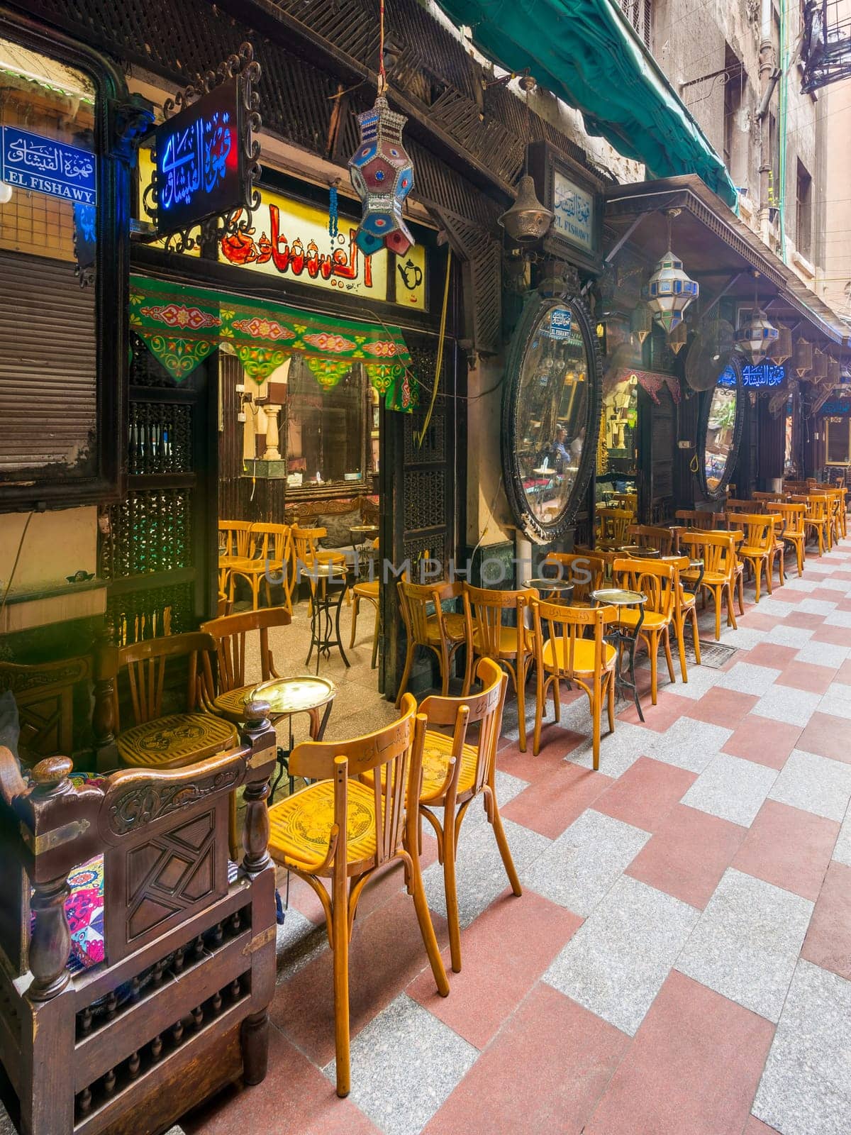 Cairo, Egypt- September 25 2021: Old famous coffeehouse, El Fishawi, located in historic Mamluk era Khan al-Khalili famous bazaar and souq