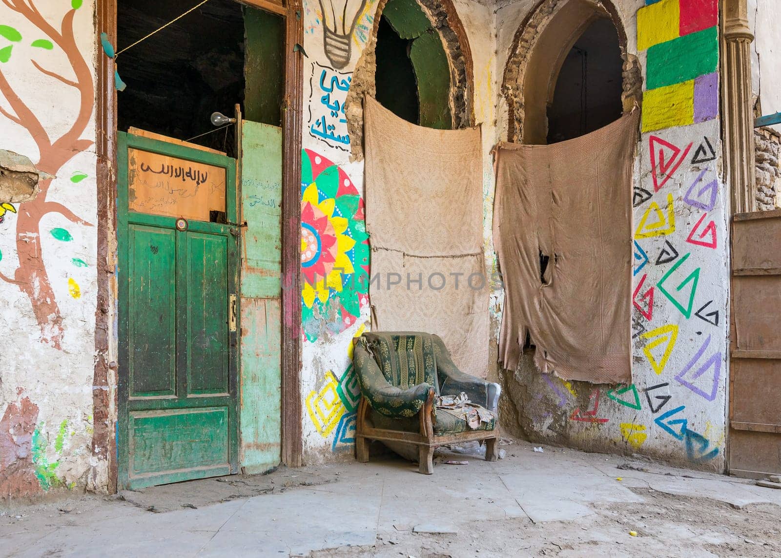 Day shot of Bayt Madkour Pasha, historical abandoned house located at Souq Al Selah Street, Darb Al Ahmar district, Old Cairo, Egypt