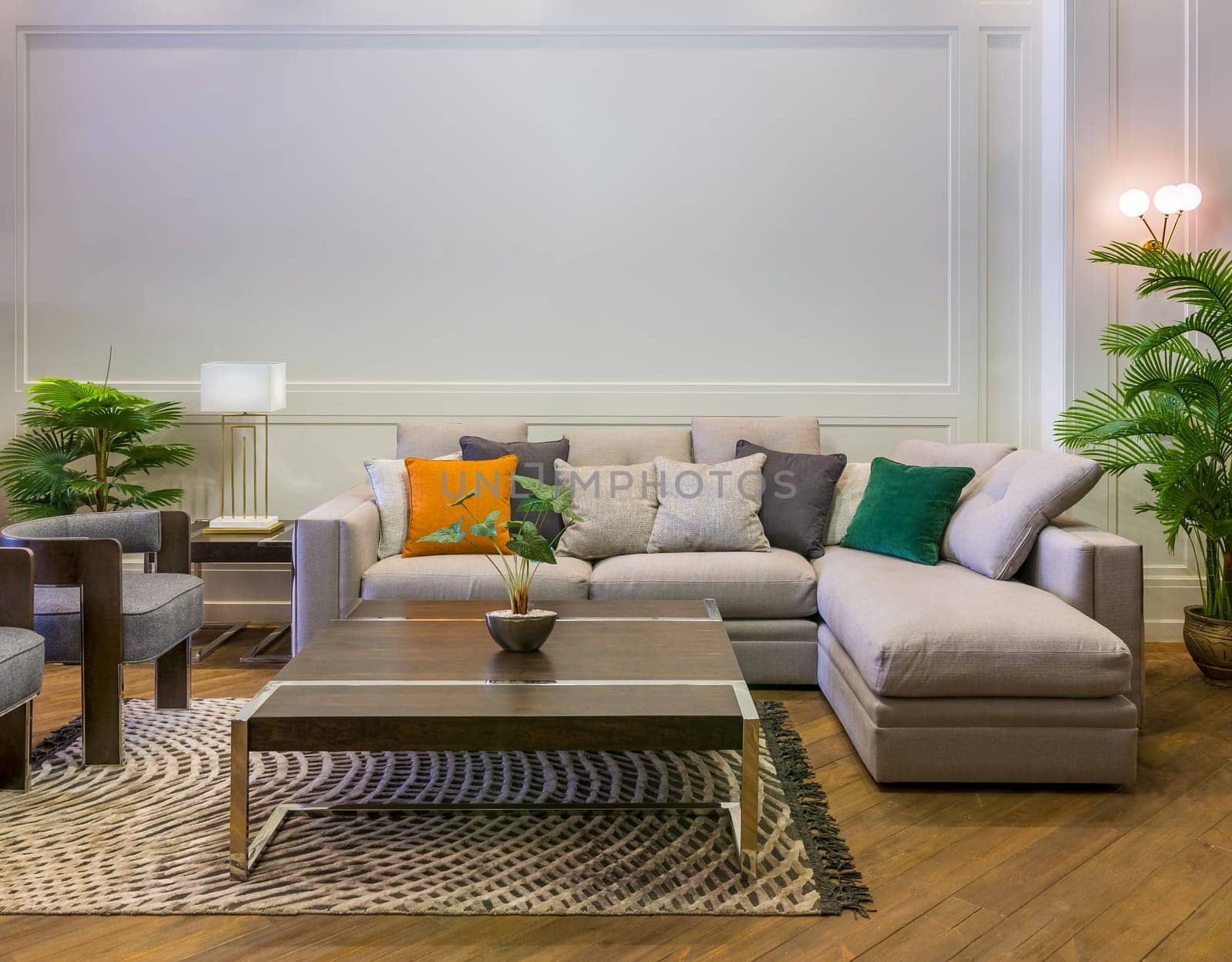 Comfortable gray sofa with colorful cushions placed near table on rug in spacious modern room with armchairs and green potted plants