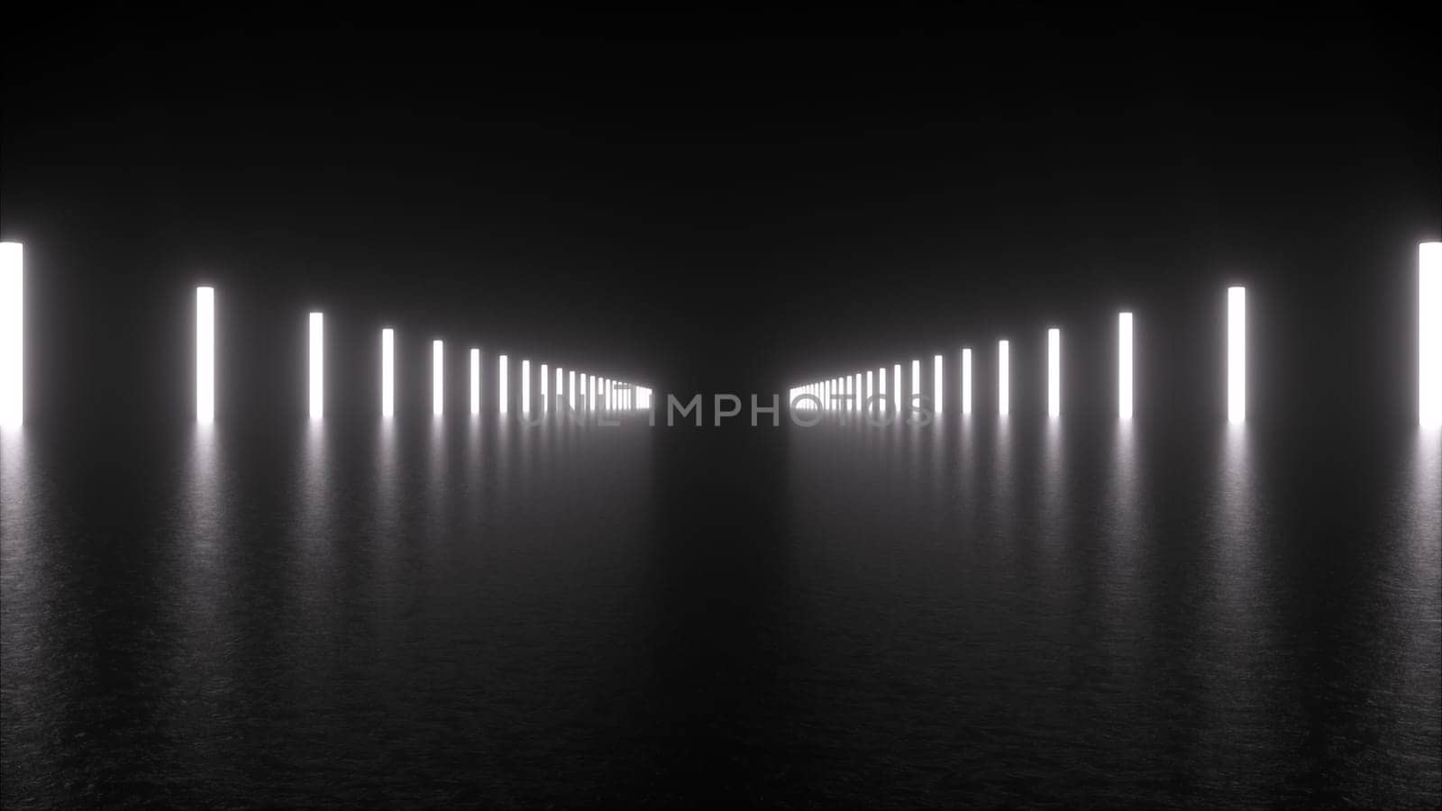 Futuristic corridor with 3d render lighting made of flickering electric tubes with reflection. Digital demarcation line for competition and abstract construction presentation.