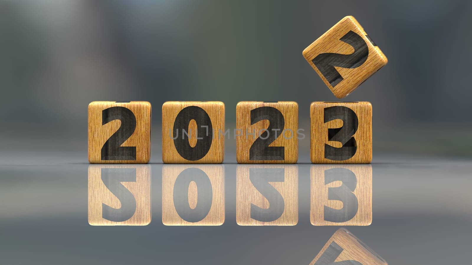 The 3d rendering of wood dice with 2023 wording