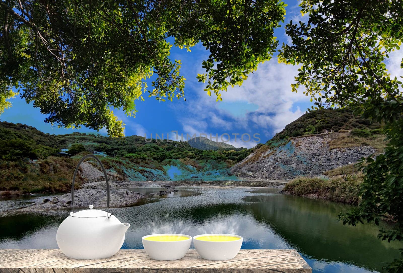 The 3d rendering of Cup with tea and teapot with nice background