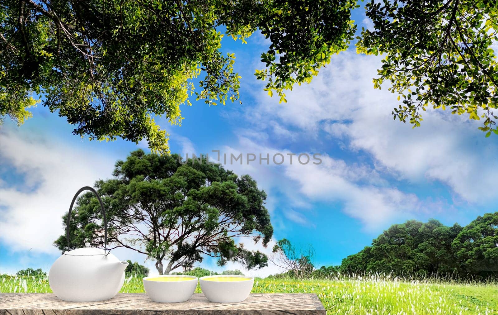 The 3d rendering of Cup with tea and teapot with nice background