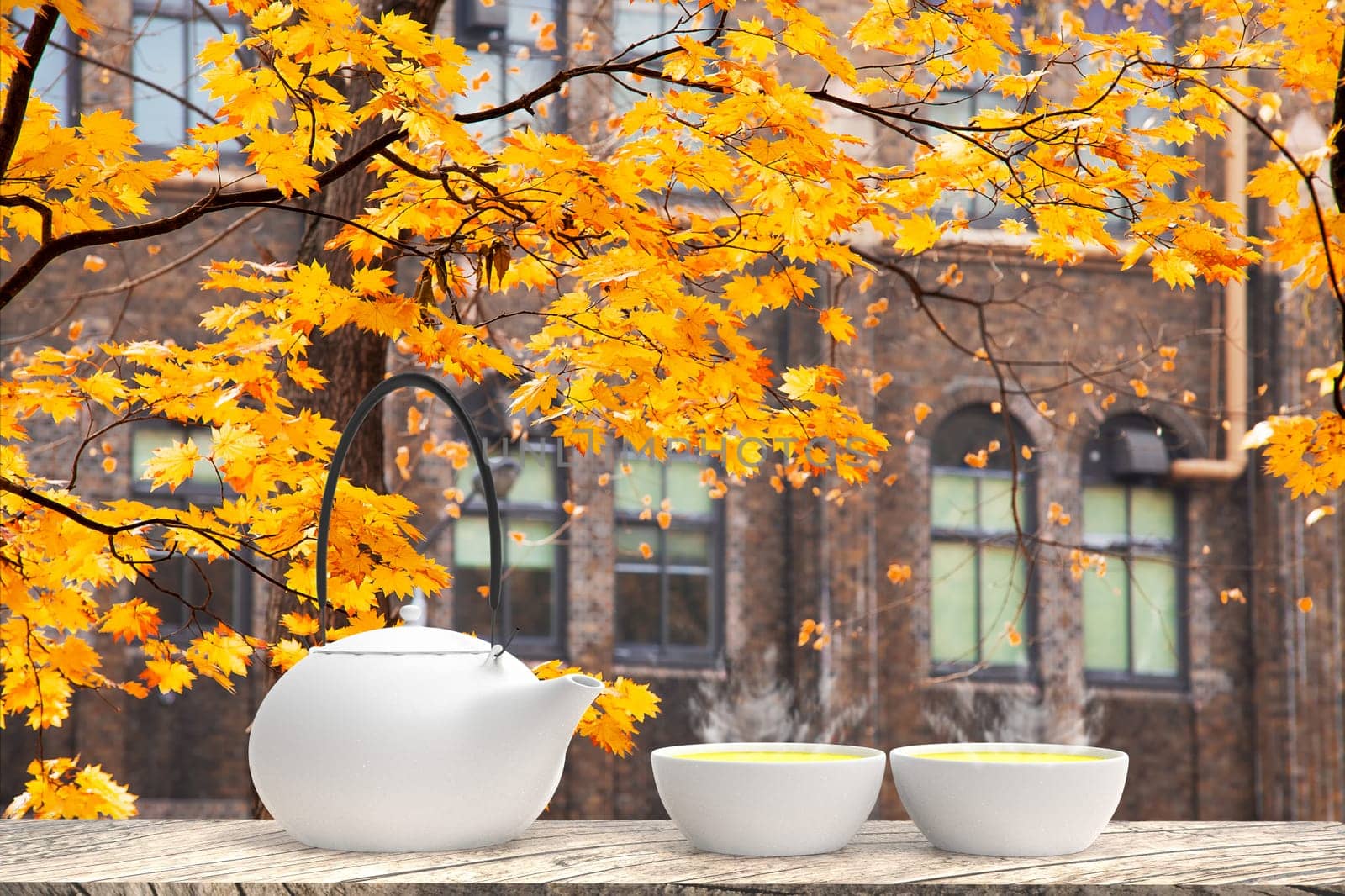 The 3d rendering of Cup with tea and teapot with nice background