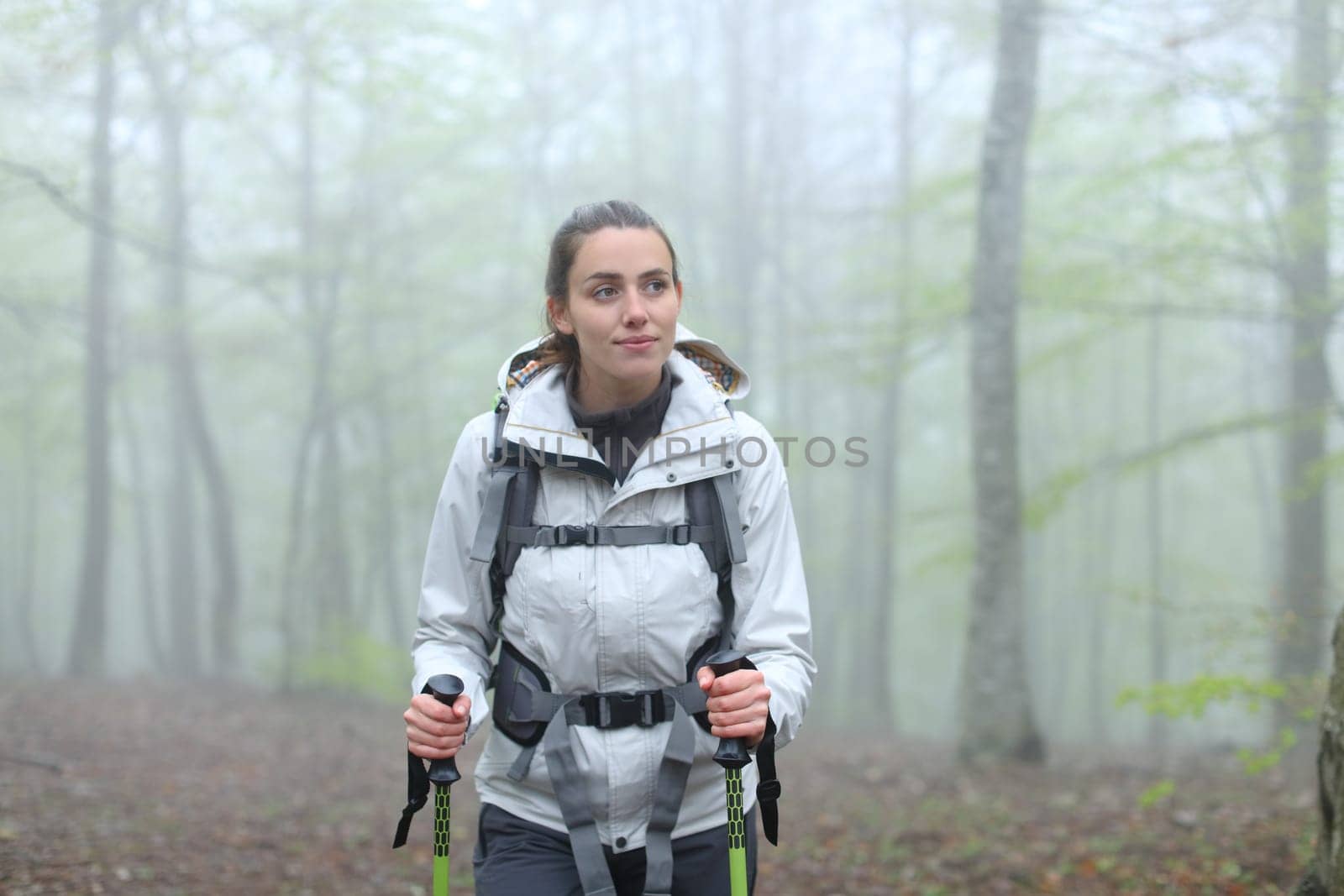 Front view portrait of a happy trekker woman walking in a forest in winter