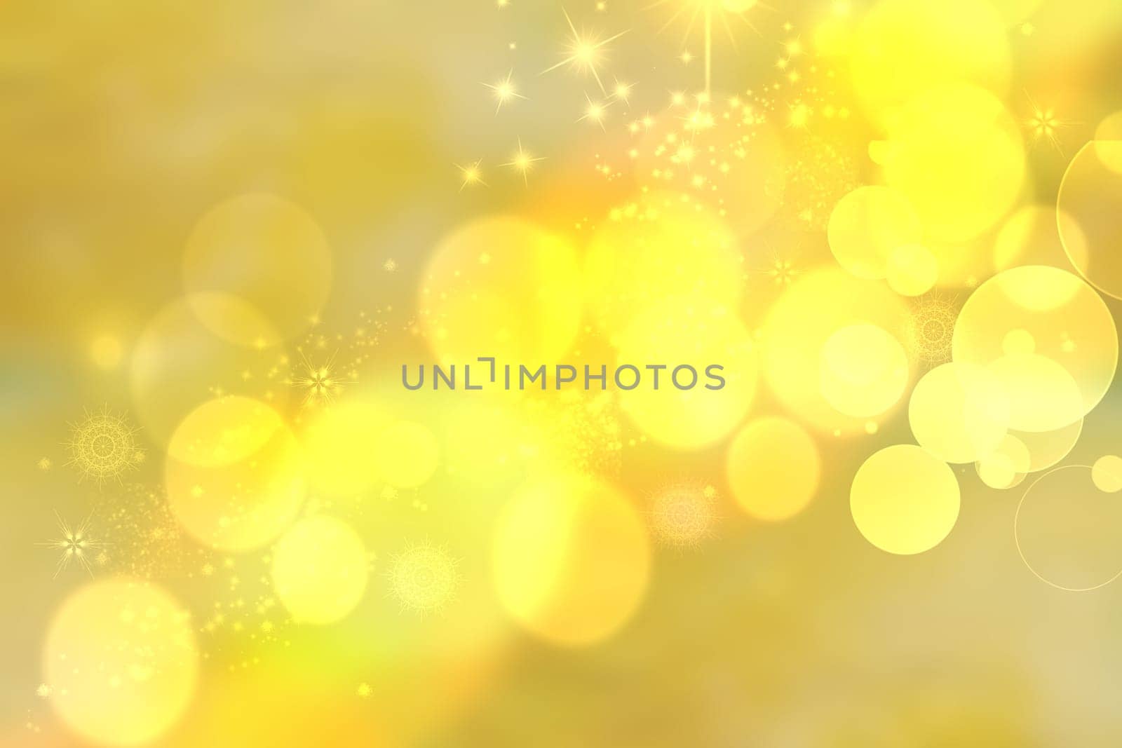 A festive abstract delicate Happy New Year or Christmas background texture with colorful gold yellow pink blurred bokeh lights and stars. Space for design. Card concept or advertising.