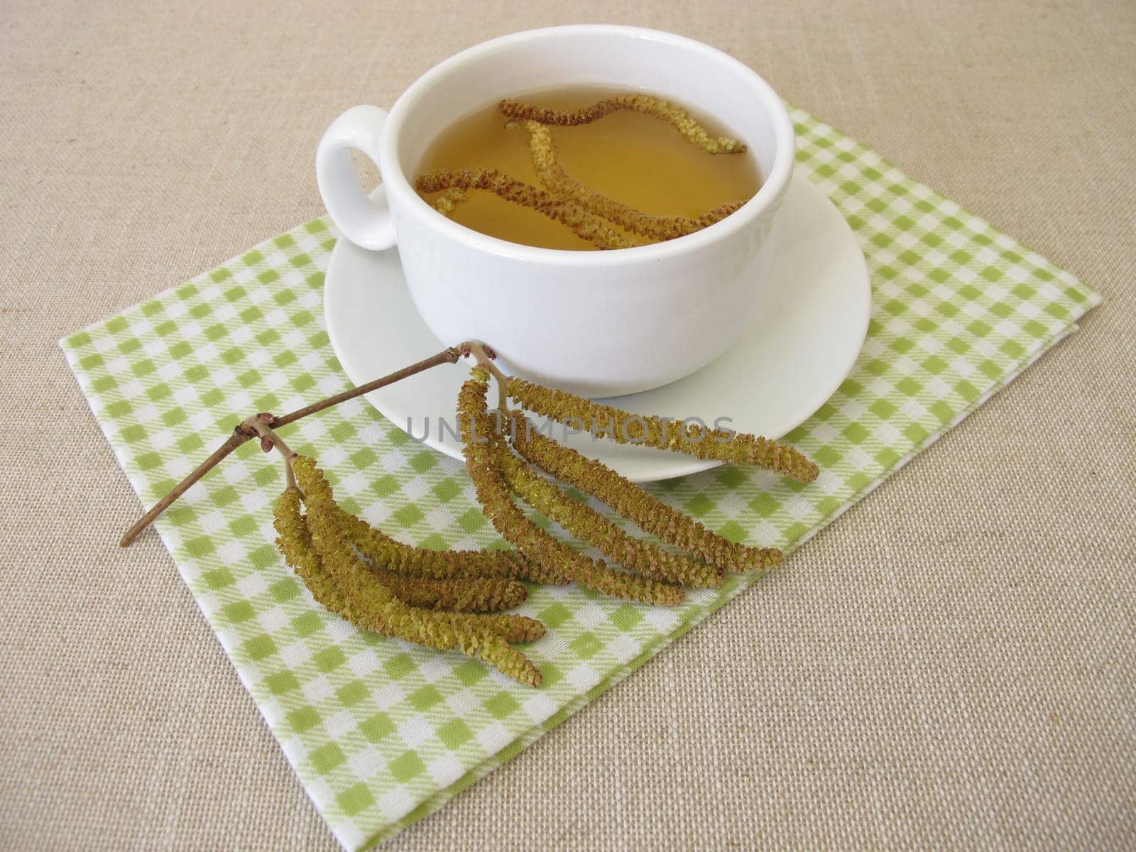 Herbal tea with hazel catkins, hazel flowers from hazel shrub