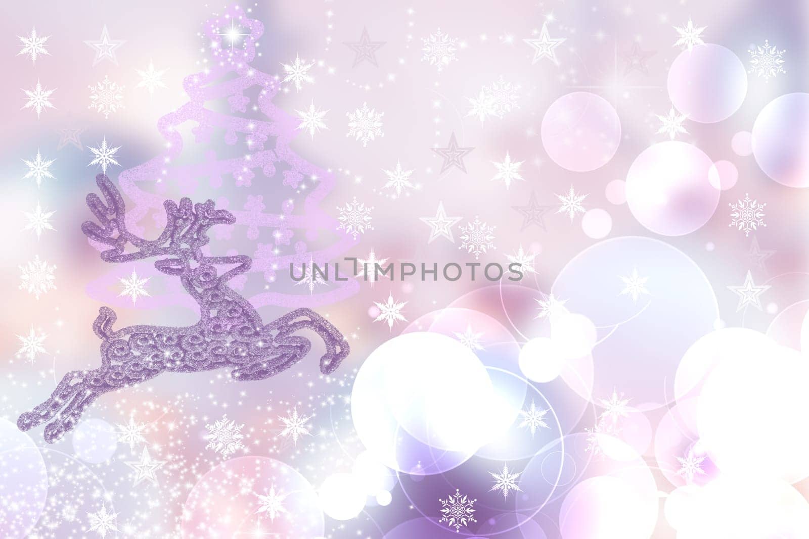 Christmas card template. Abstract festive natural light pink blue white winter christmas background texture with snowflakes, stars and a bokeh stag. Beautiful card design.