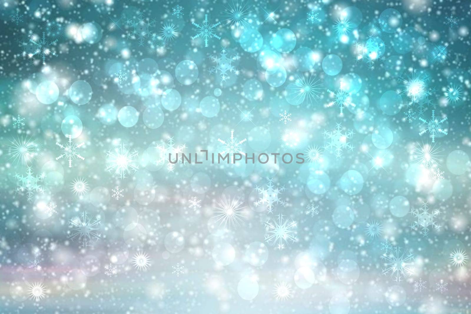 Abstract blurred festive winter christmas or Happy New Year background with shiny blue and white bokeh lighted snow landscape with sky. Space.