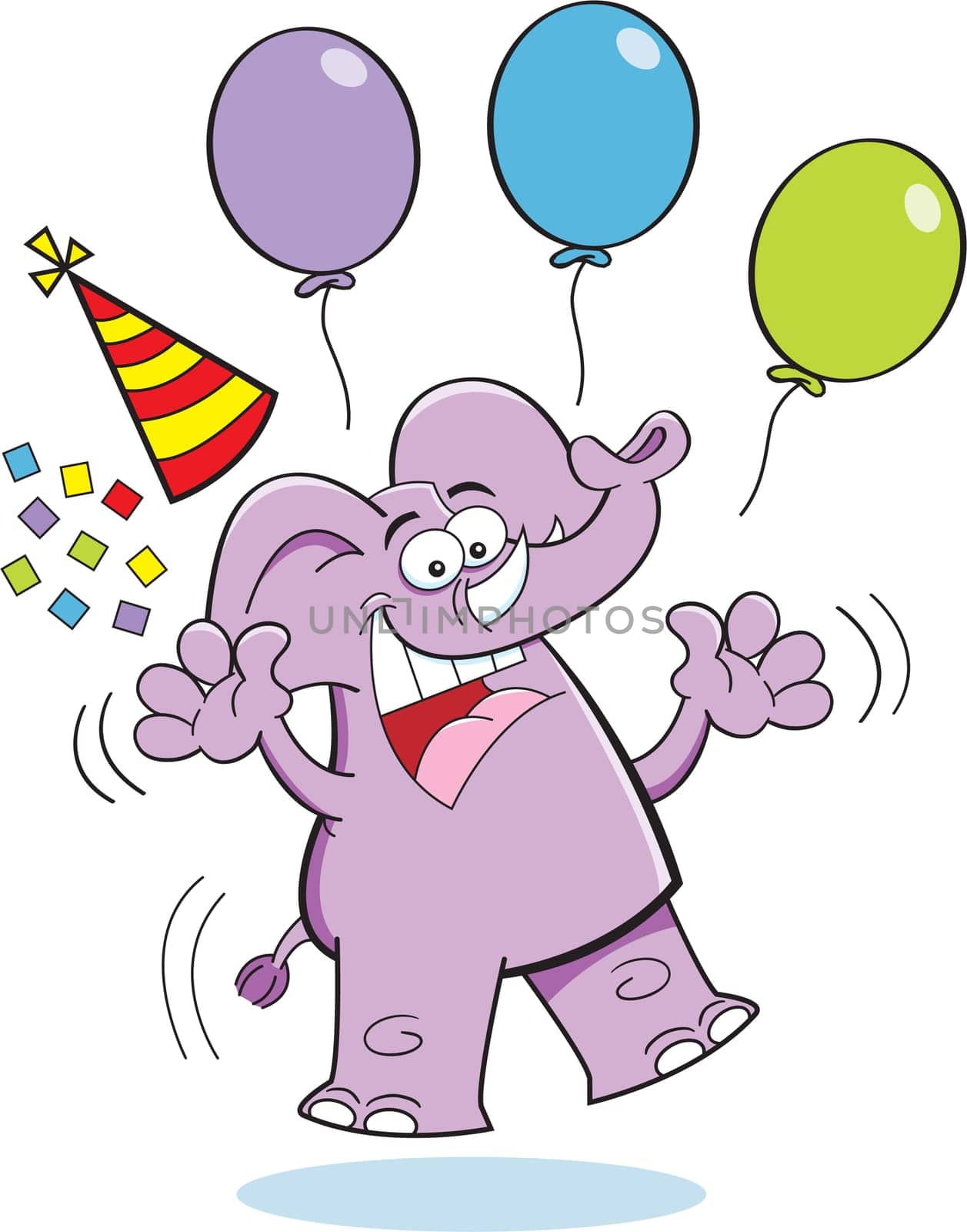 Cartoon illustration of an elephant jumping with a party hat and balloons
