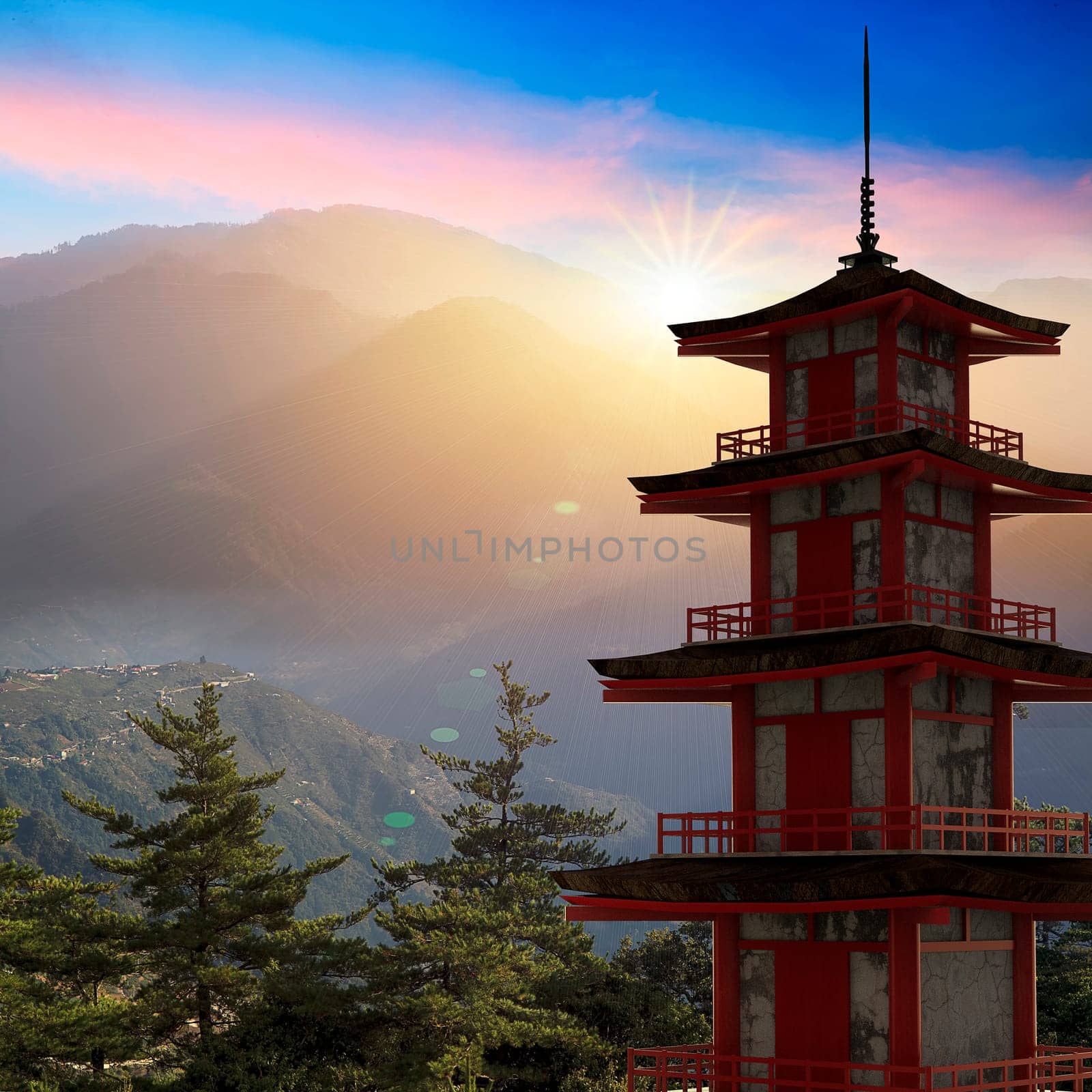 The 3d rendering of nice temple with beautiful background