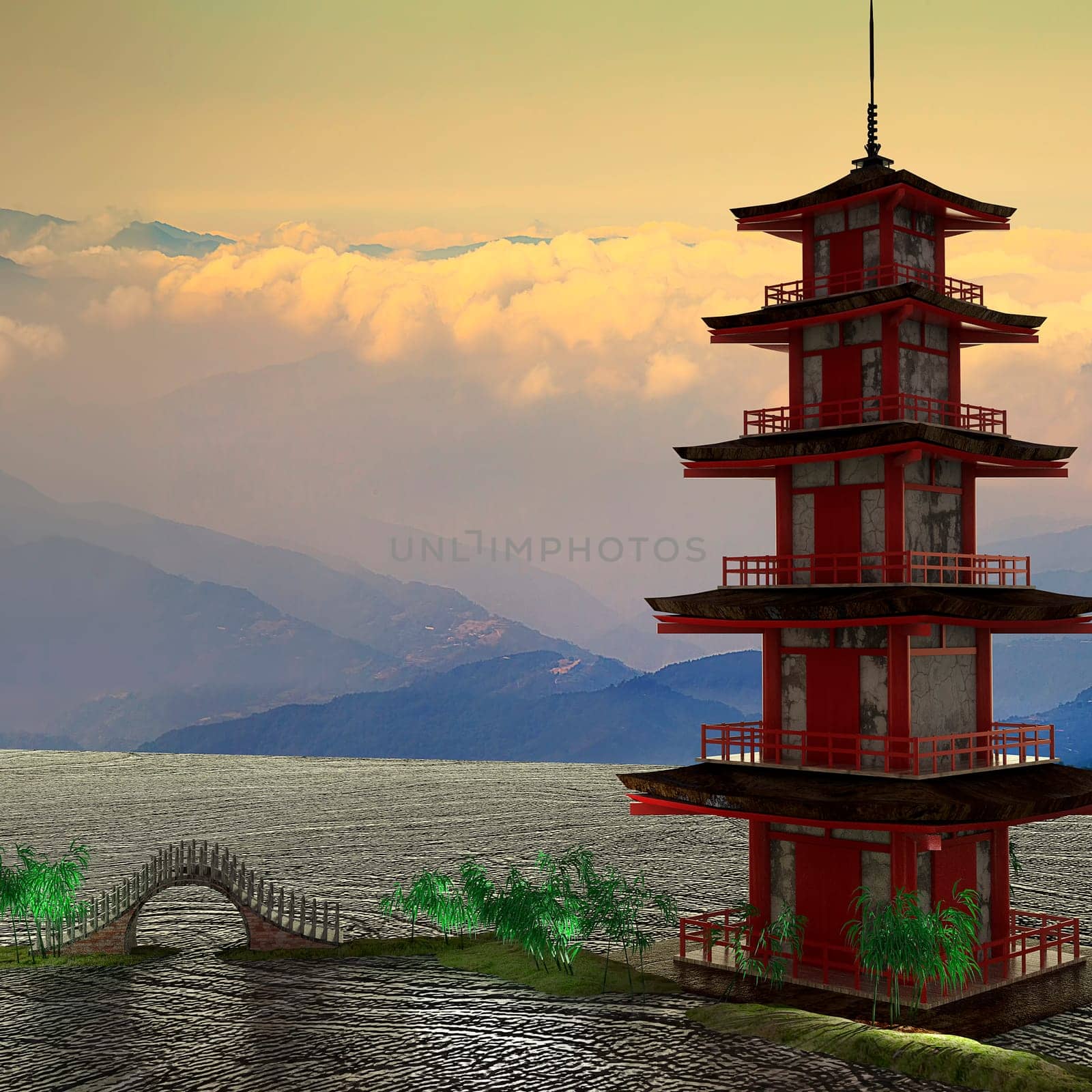 The 3d rendering of nice temple with beautiful background