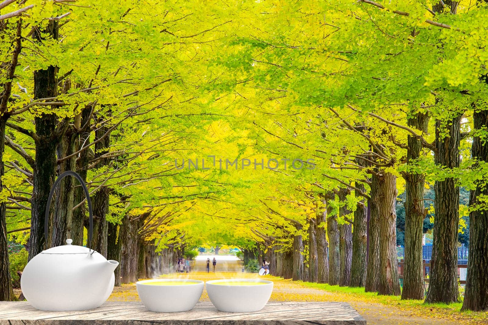 The 3d rendering of Cup with tea and teapot with nice background