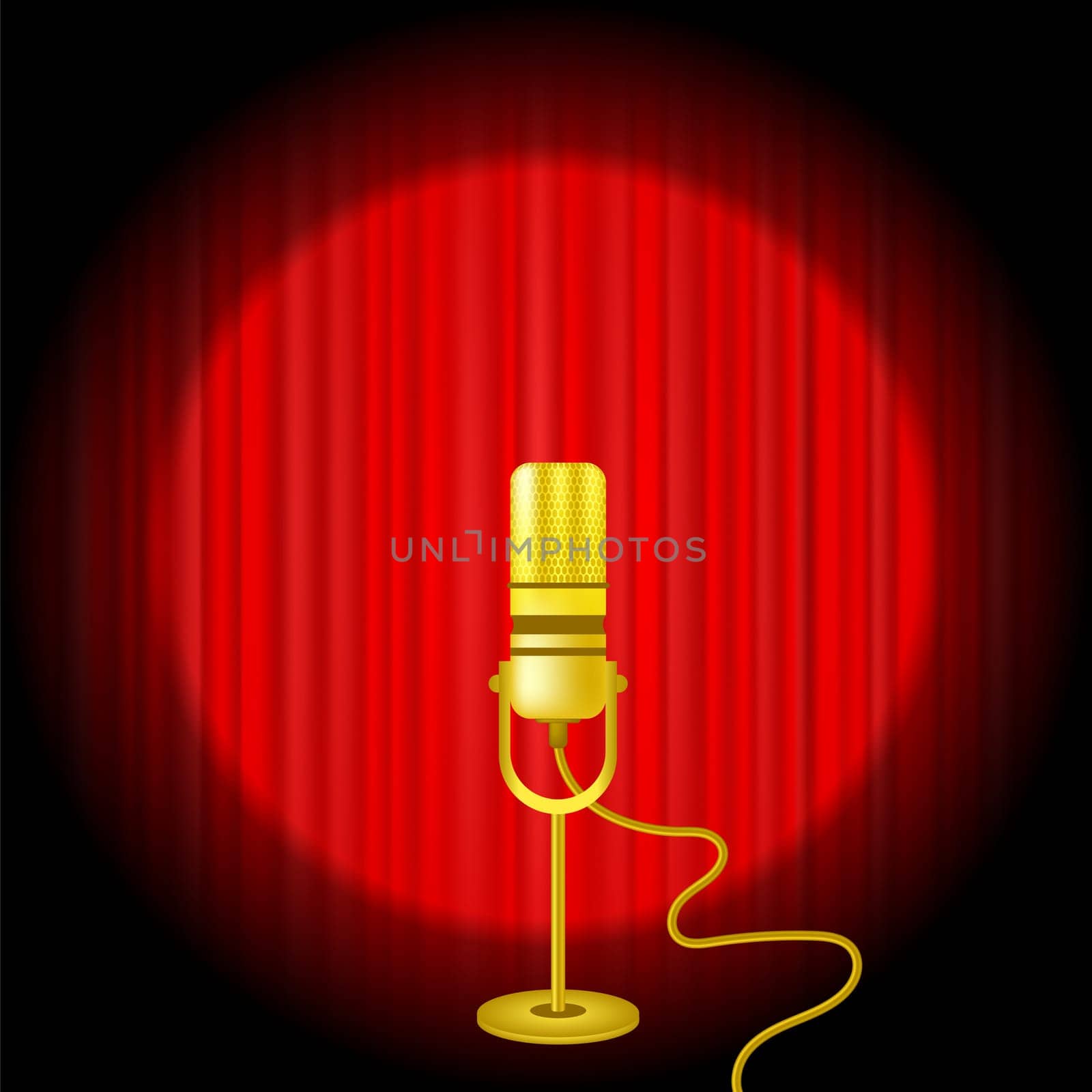 Gold Microphone Icon on Red Curtain Background.