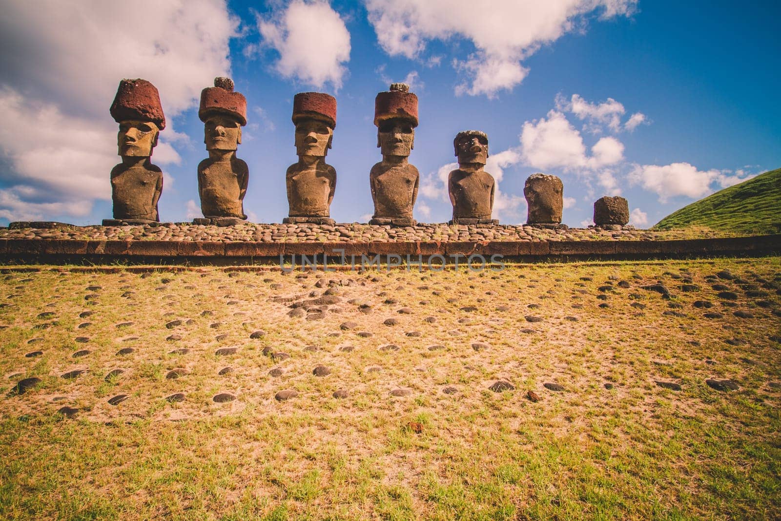 Moai stone sculptures on Easter island, Chile