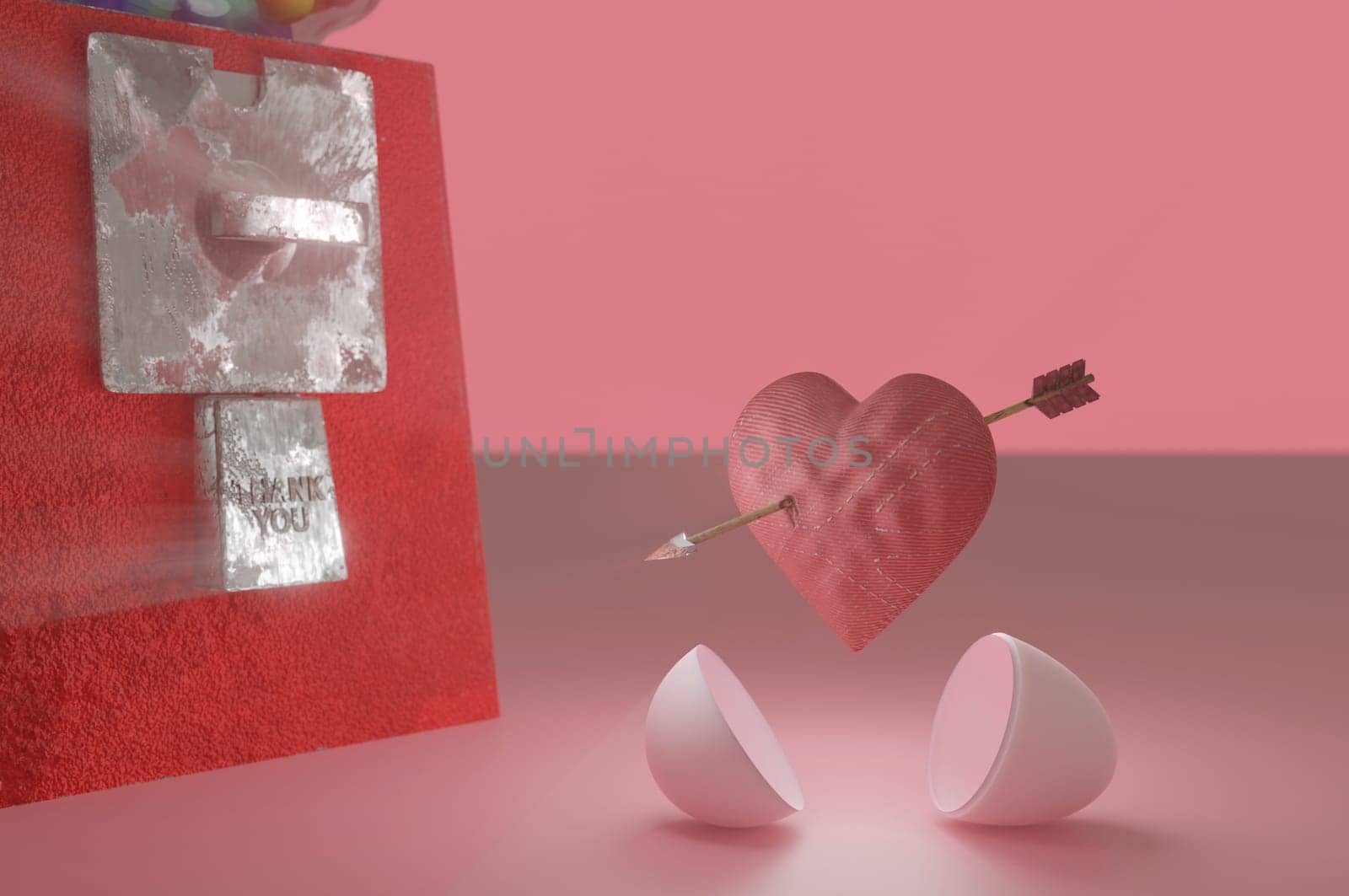 3d illustration. Open Gumball capsult  inside Cupid heart arrow . idea concept made by red heart