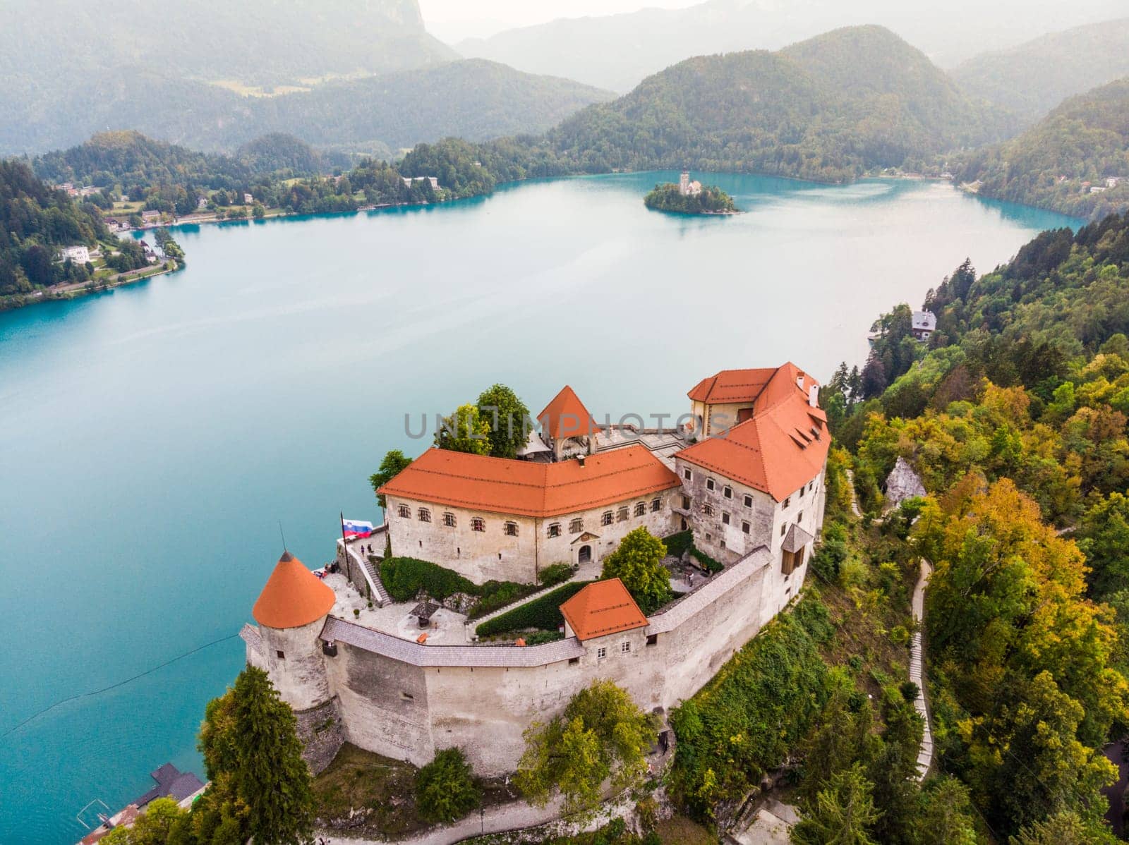 Aerial view of Lake Bled and the castle of Bled, Slovenia, Europe. Aerial drone photography.