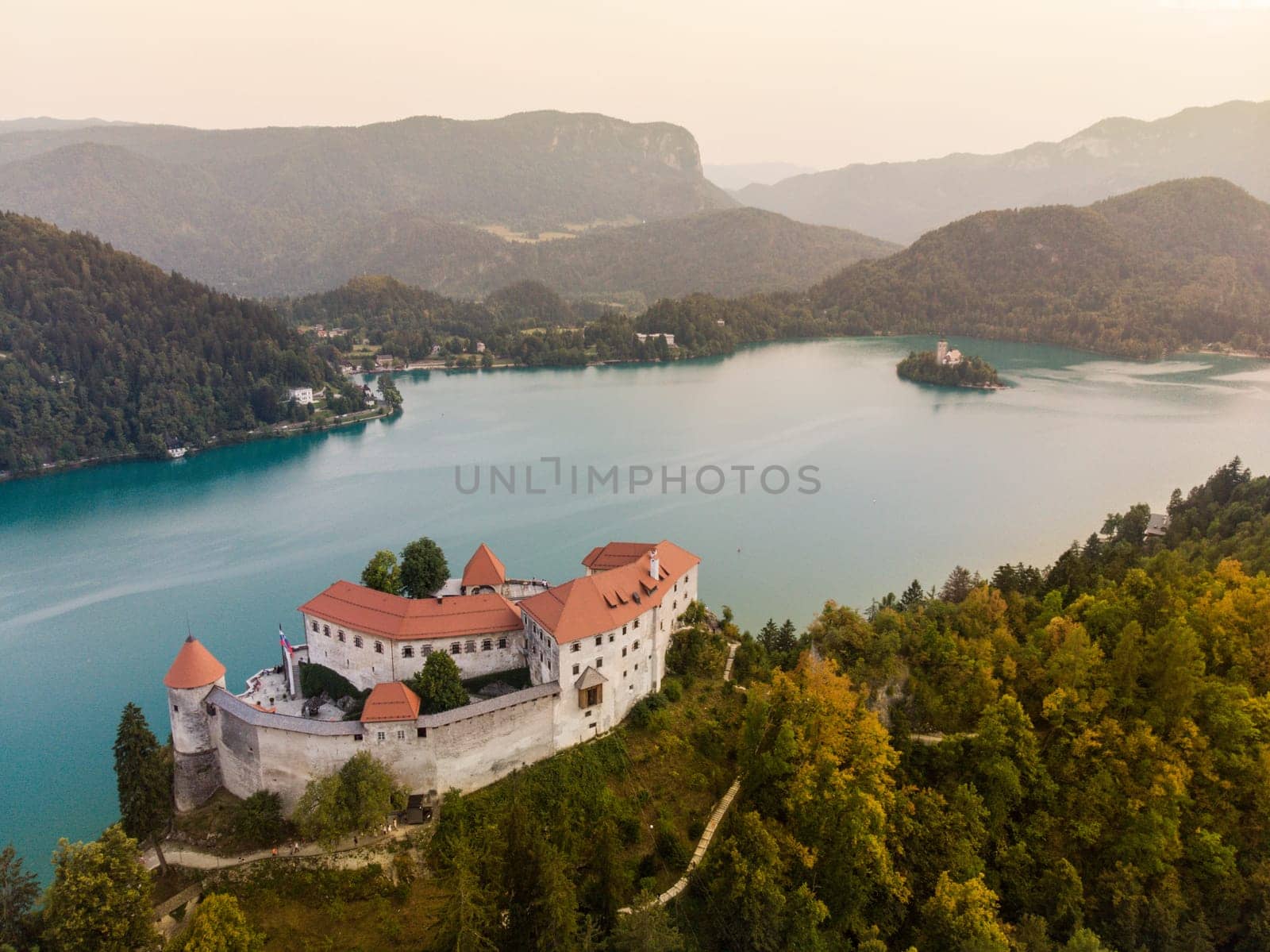 Aerial view of Lake Bled and the castle of Bled, Slovenia, Europe. Aerial drone photography.