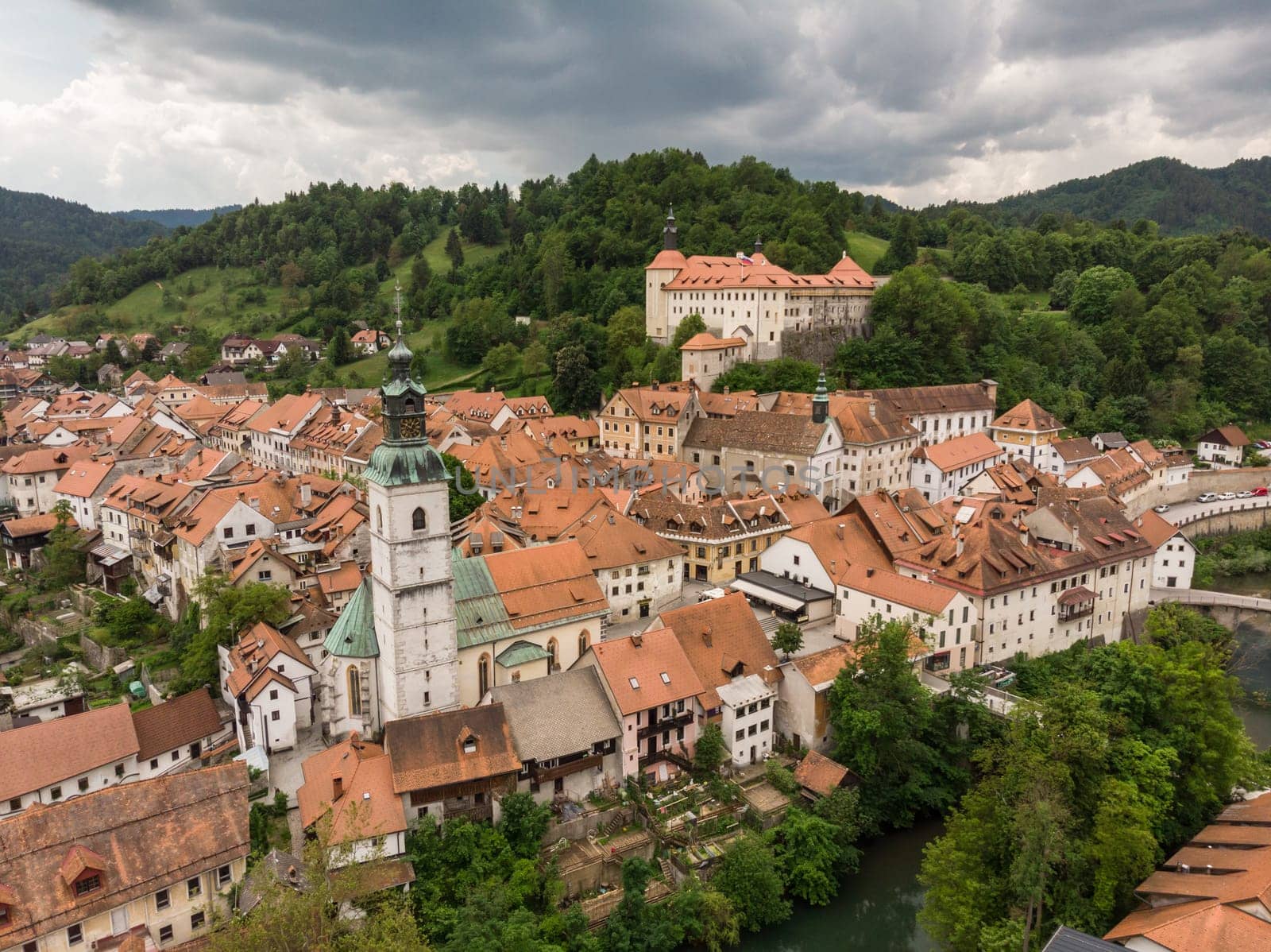 Panoramic aerial view of medieval old town of Skofja Loka, Slovenia.