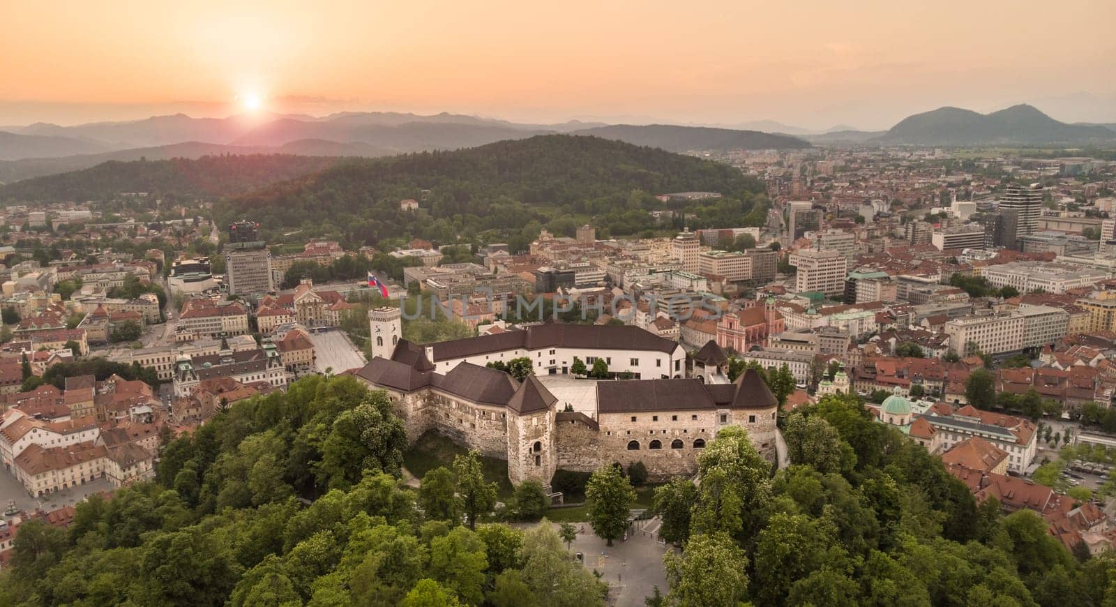 Aerial panorama of the Slovenian capital Ljubljana at sunset
