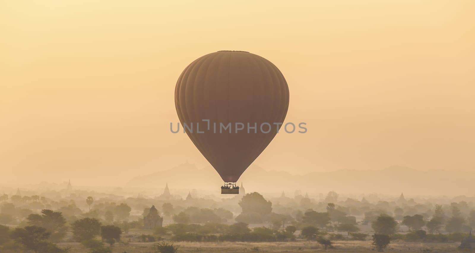 Air balloon above temples of Bagan an ancient city located in the Mandalay Region of Burma, Myanmar, Asia.
