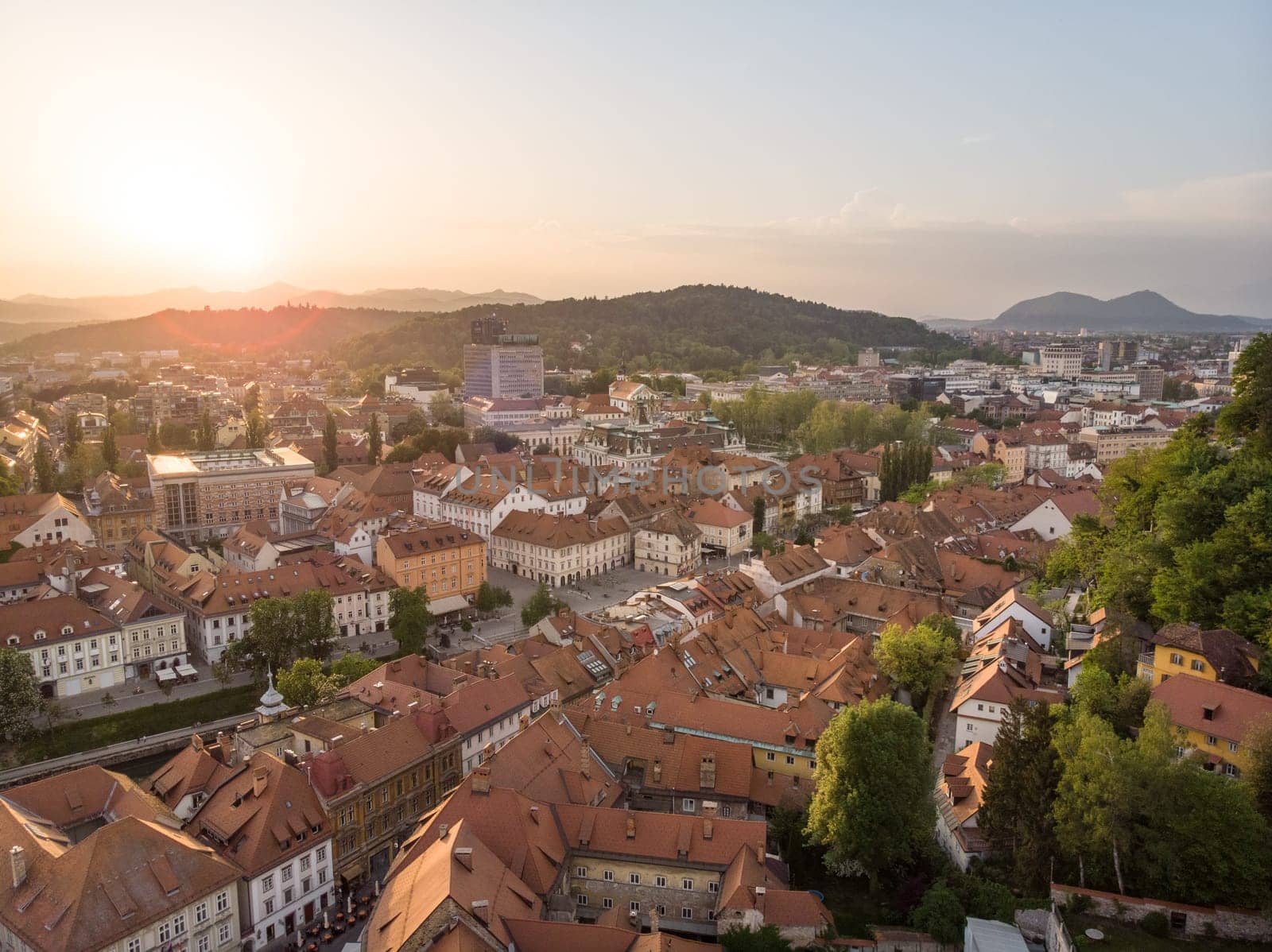 Aerial panorama of the Slovenian capital Ljubljana at sunset