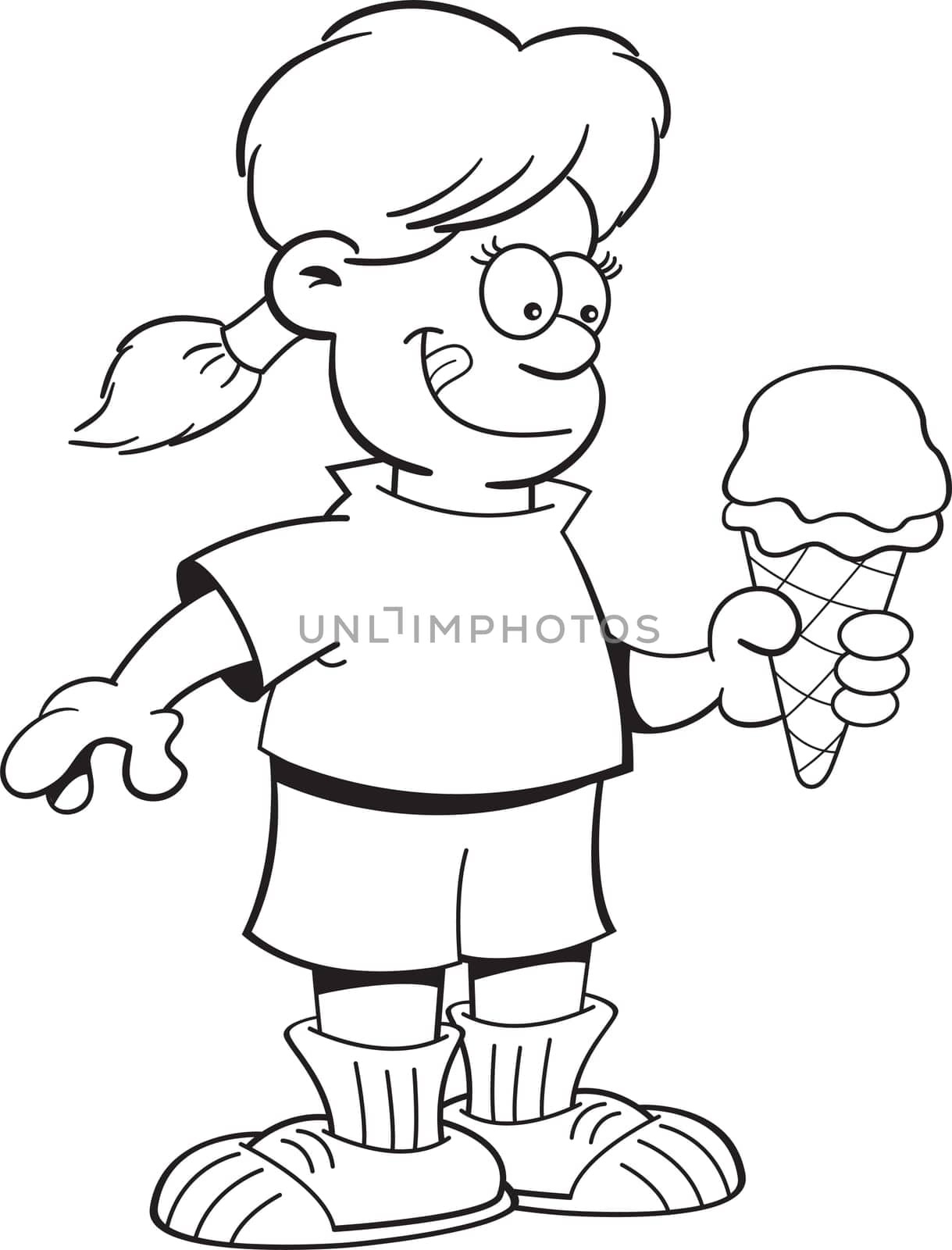 Black and white illustration of a girl eating an ice cream cone.