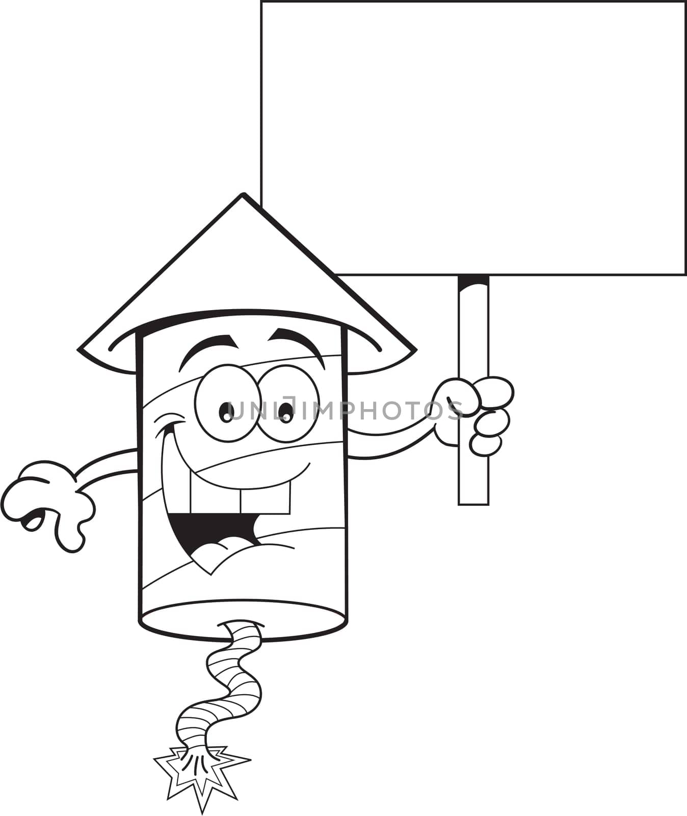 Black and white illustration of a smiling firecracker holding a sign.