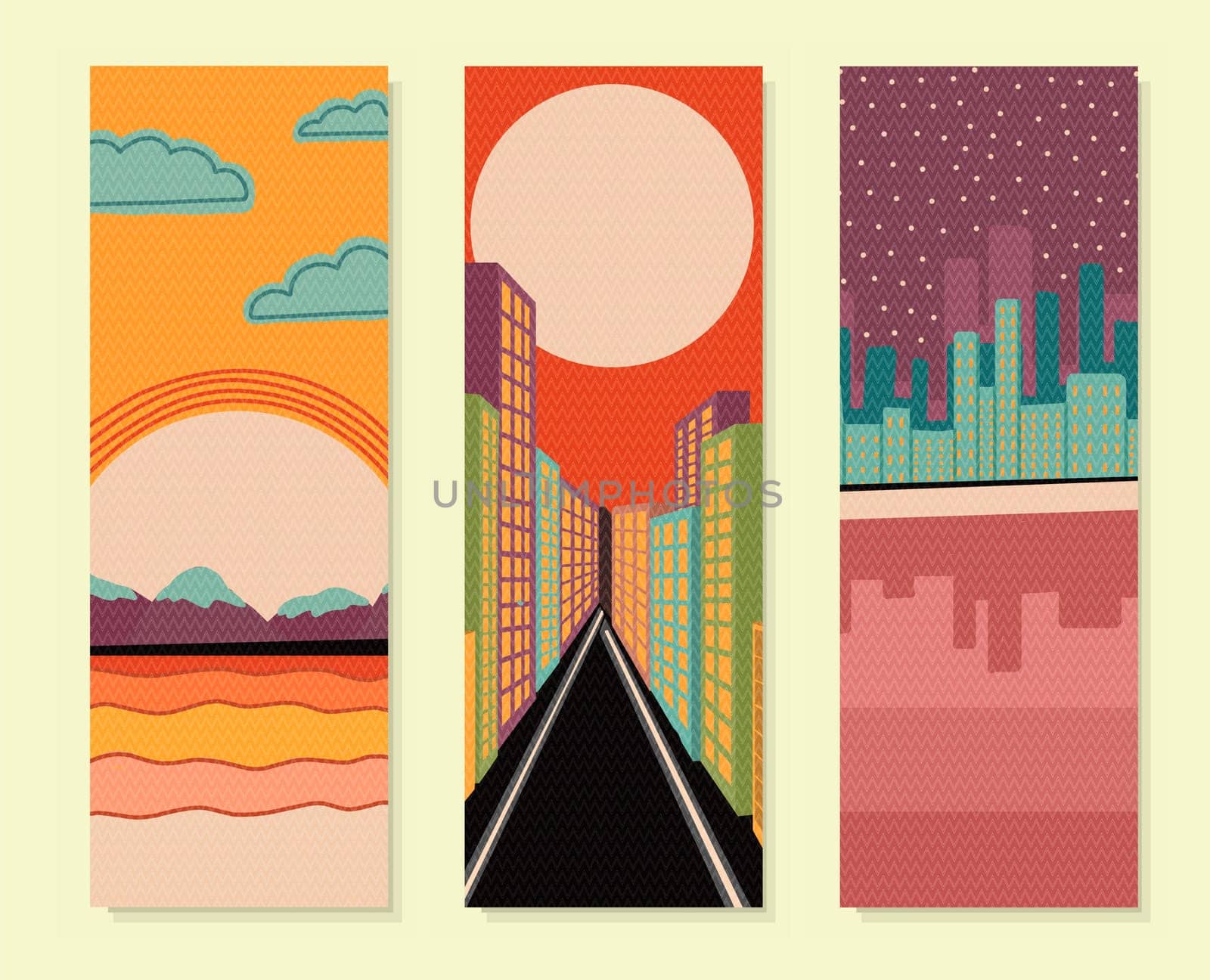 Landscape vertical poster. Stylized landscape. Cool fashion interior poster. City street. City near the water. SUNSET from the sun. Retro design.