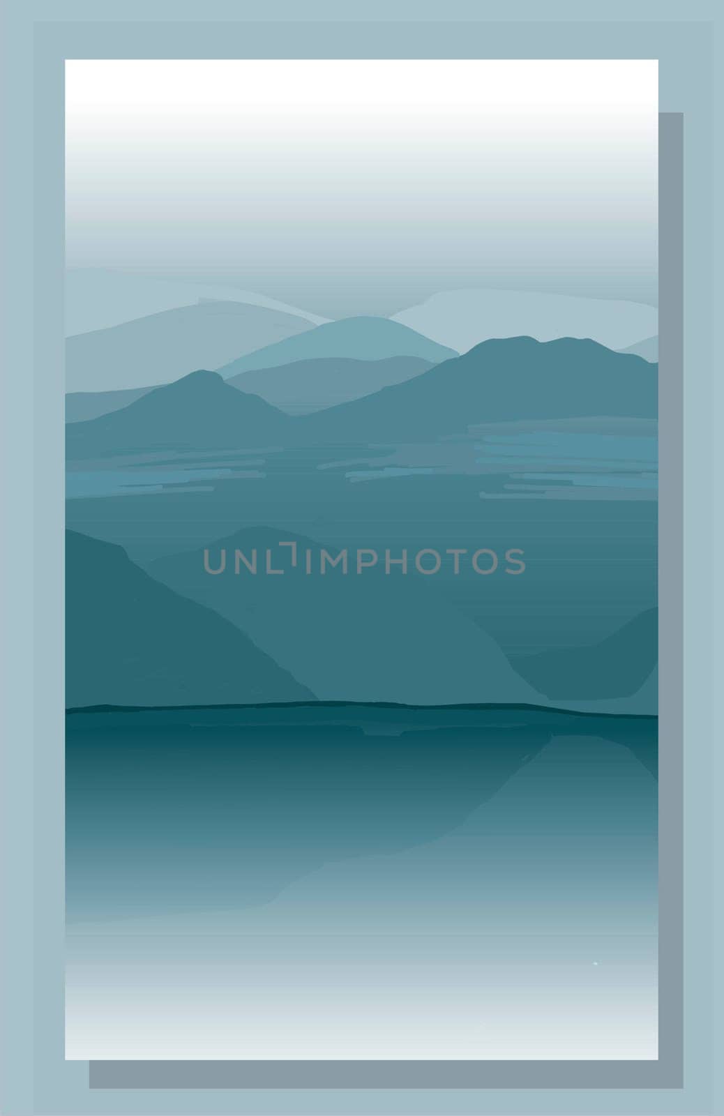 Abstract landscape. Interior poster with mountain views. Gray-green tones. Misty DAWN. Sunrise in the mountains. Vector illustration.