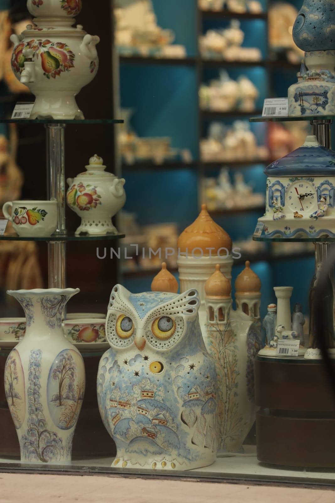 Shop window with Russian souvenirs on Arbat street in Moscow