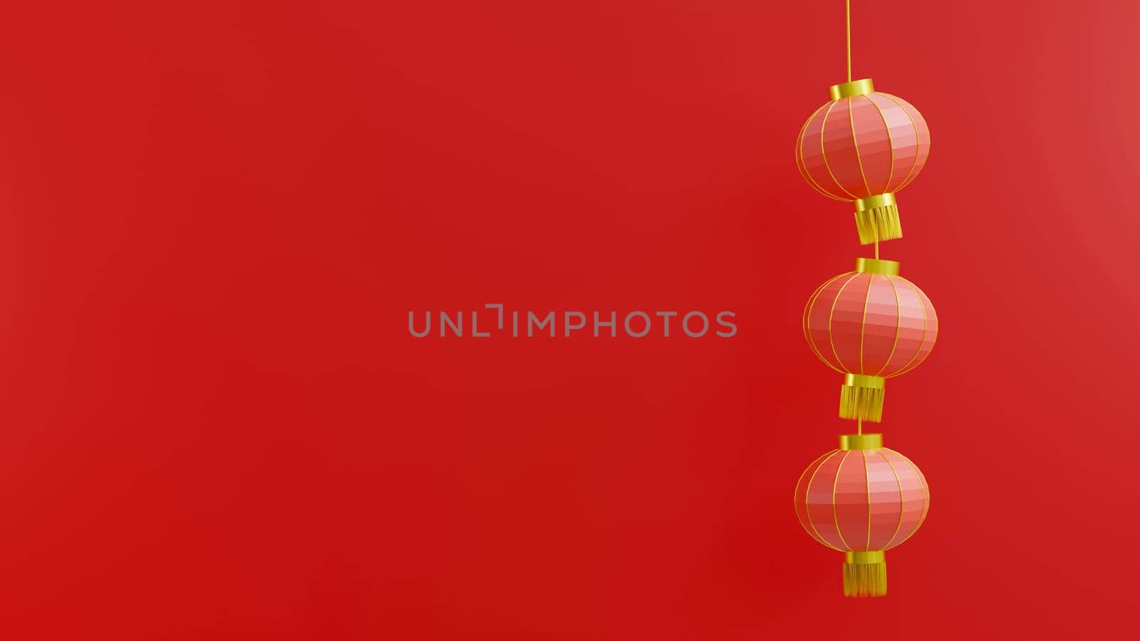 Happy Chinese New Year. Chinese lantern cylindrical shape on red background, Hanging red paper lantern traditional lamp, luxury CNY element for web design, lantern festival, 3D Rendering illustration