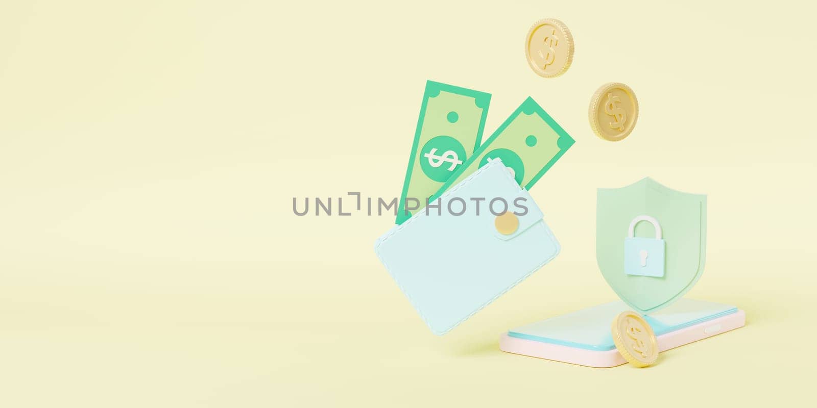 Security financial savings online payment protection on smartphone online transaction banking, Money transfer from wallet into mobile phone with Secure bank, Isometric 3D rendering illustration