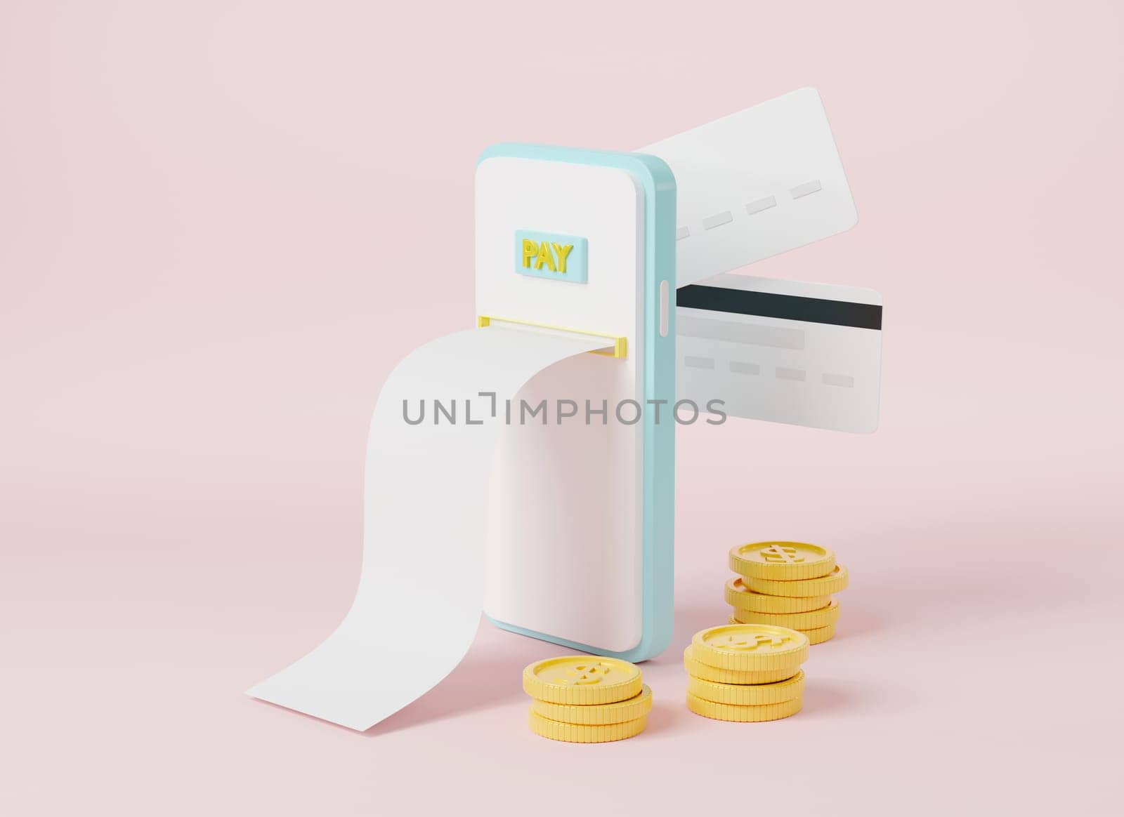 Digital payment with smartphone and online cash back, mobile phone with bill,credit card and dollar coins, Online transaction exchange service electronic bill payment, 3D rendering illustration