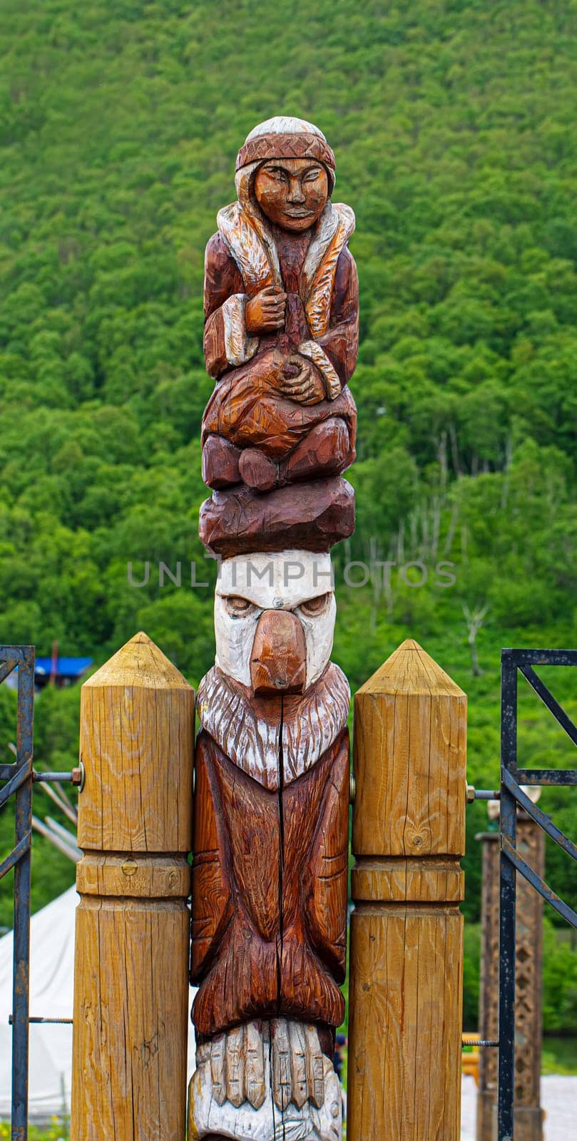 The wooden idol statue of koryak on Kamchatka peninsula