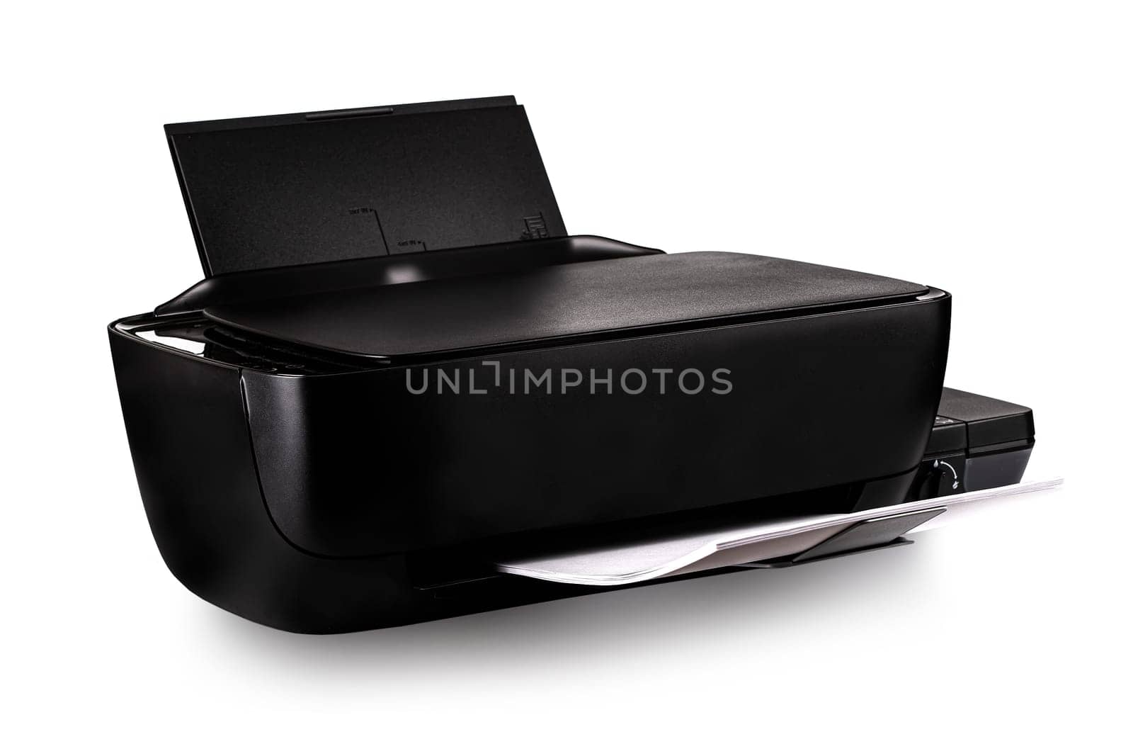 New modern multifunction  black inkjet printer with paper isolated on white background