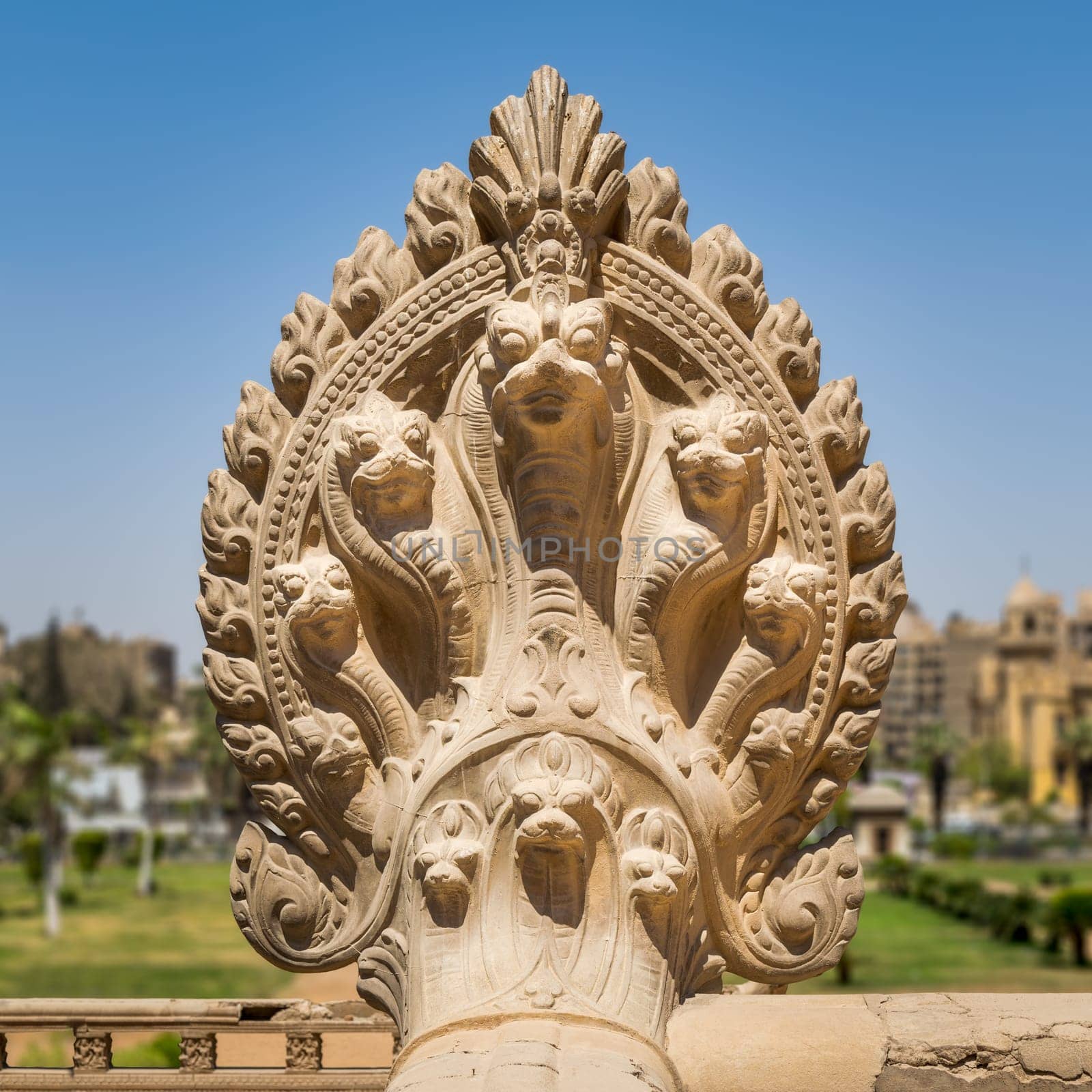 Hindu statue of snakes. One of the statues studding the terrace of the historical palace of Baron Empain before restoration, Cairo, Egypt