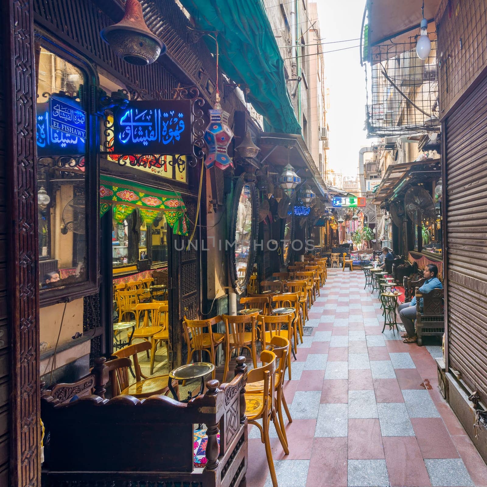 Cairo, Egypt- September 25 2021: Old famous coffeehouse, El Fishawi, located in historic Mamluk era Khan al-Khalili famous bazaar and souq