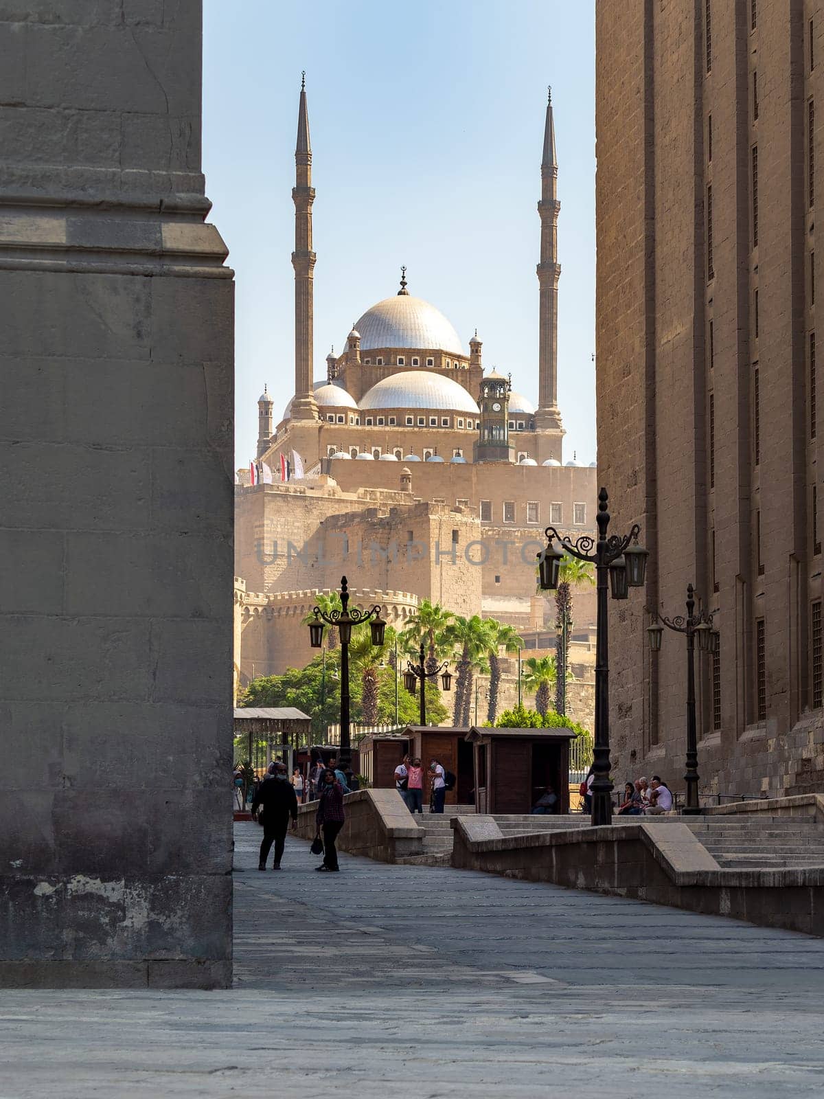 Cairo, Egypt- September 25 2021: Day shot of Great Mosque of Muhammad Ali Pasha, framed by Al Rifai Mosque and Sultan Hassan Mosque, located in the Citadel of Cairo