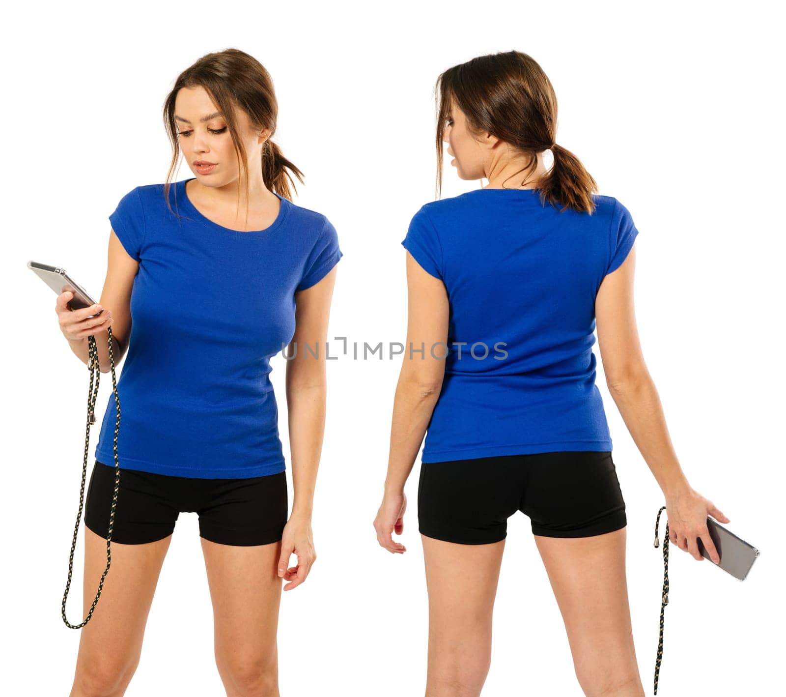Photo of a sexy young woman with shorts wearing a blank blue shirt, front and back.
