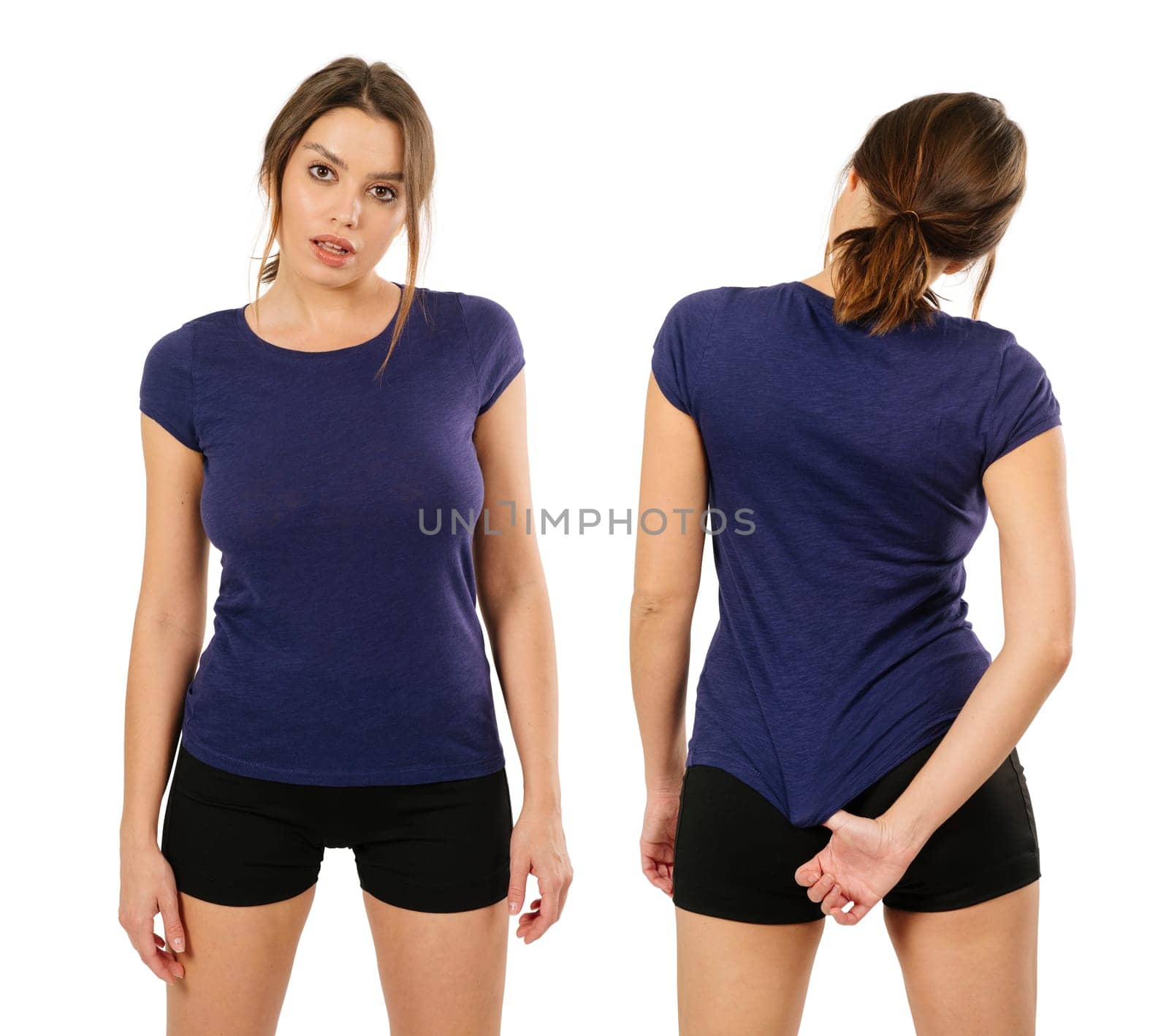 Photo of a sexy young woman with shorts wearing a blank purple shirt, front and back.