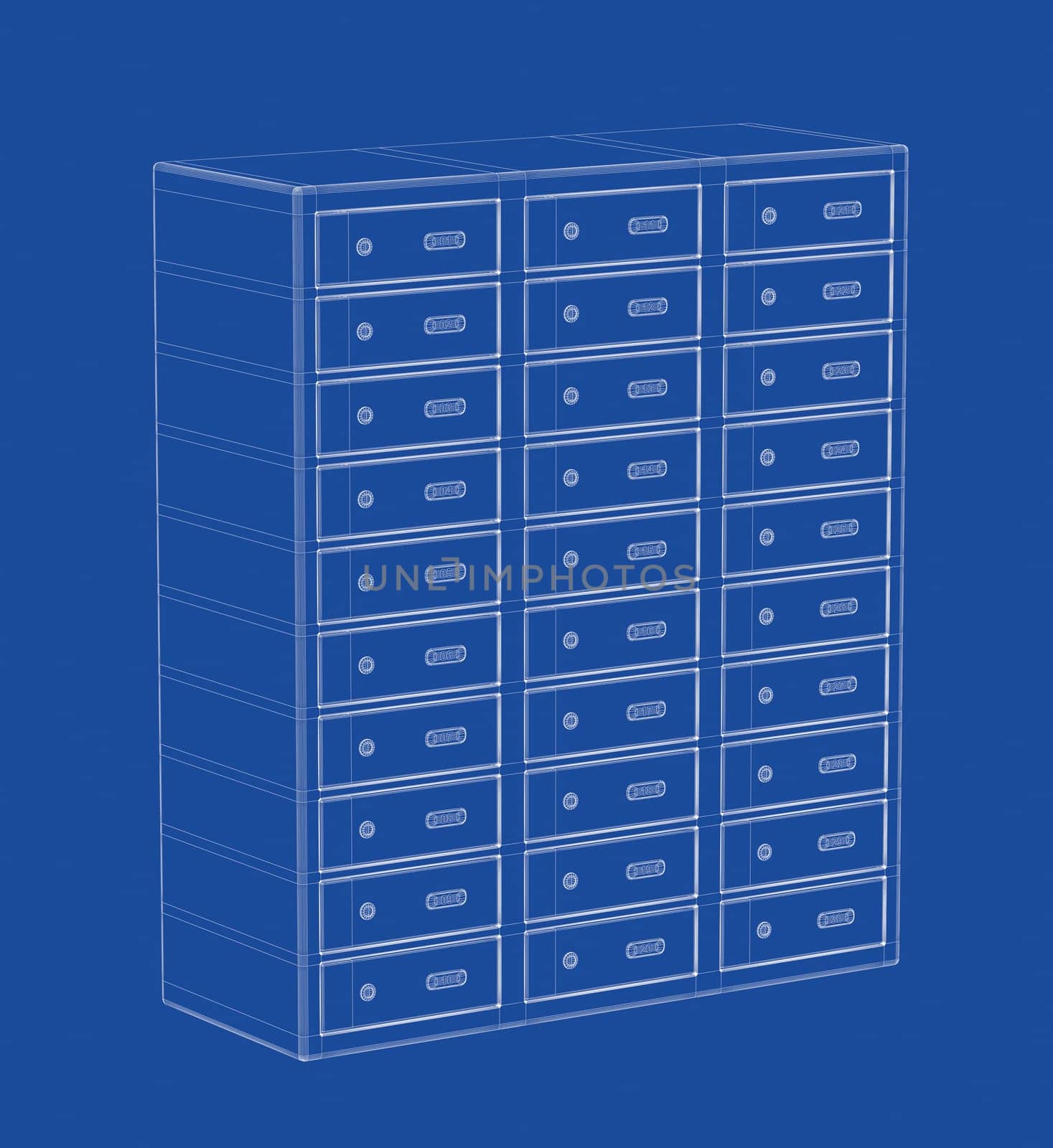 3d wire-frame model of bank safety lockers cabinet