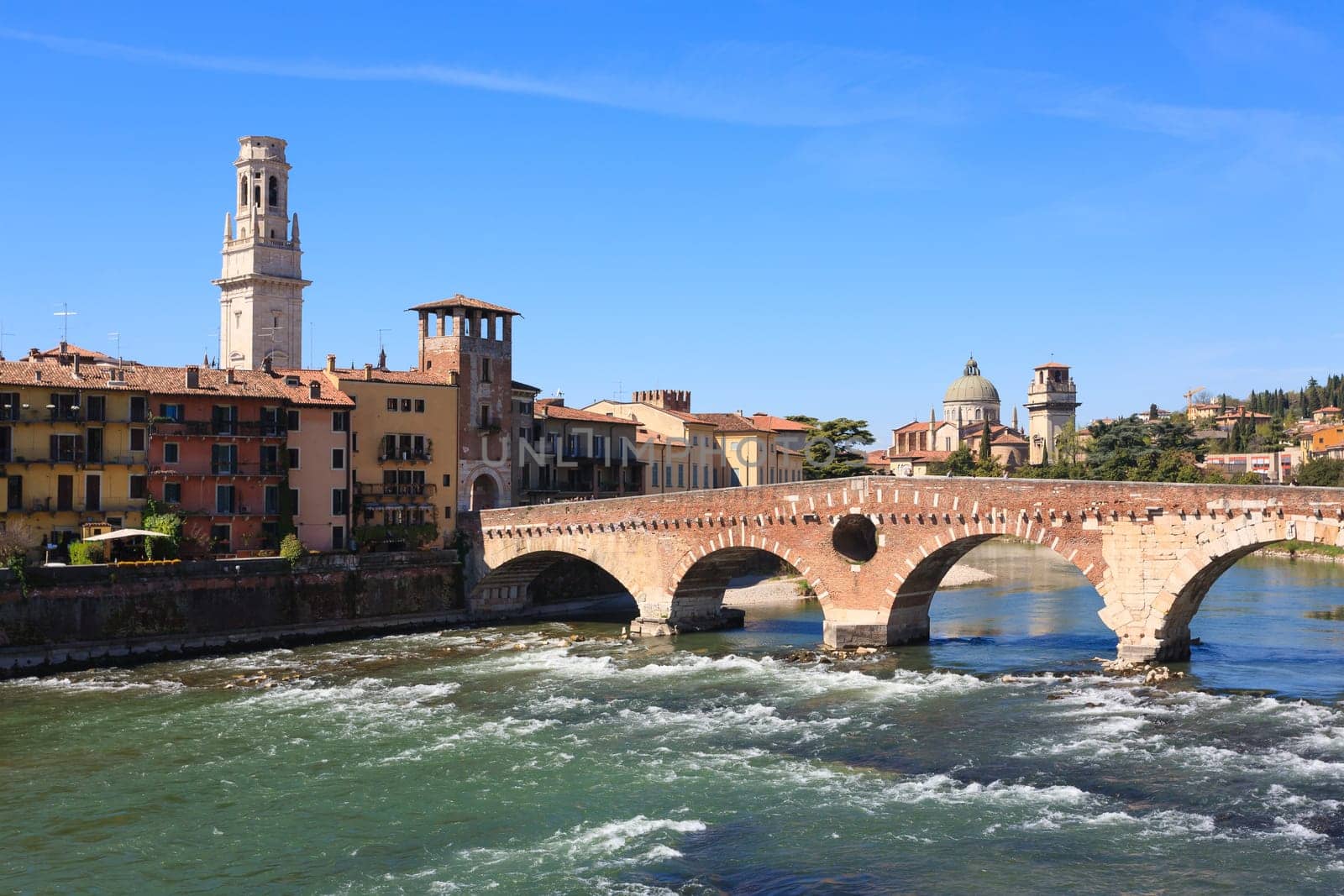 A view of Ponte Pietra, Verona panorama, Italy