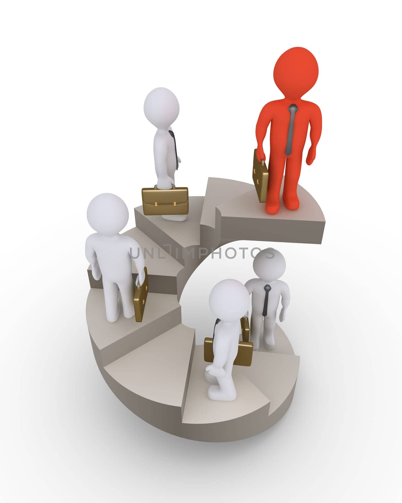 Businessmen are standing on different steps of a staircase