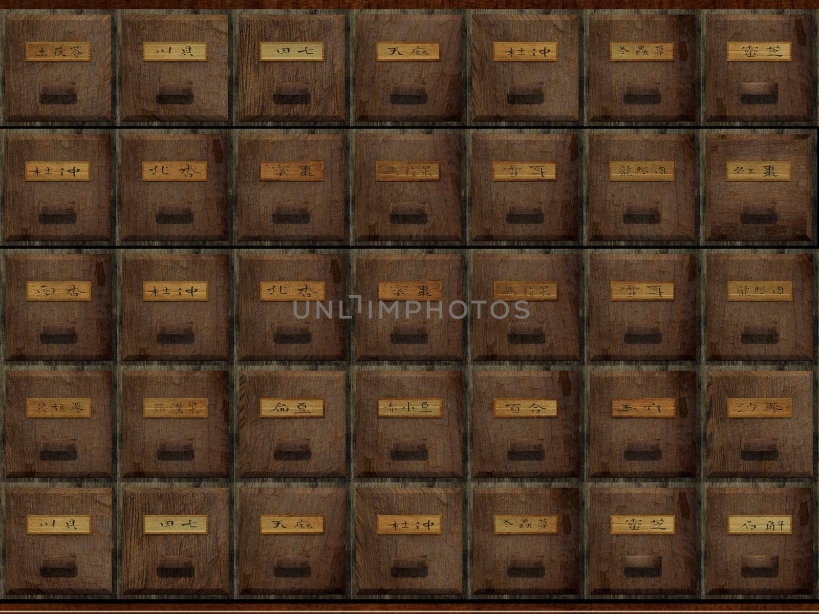 The 3d rendering of antique chest used to store chinese medicinal herbs